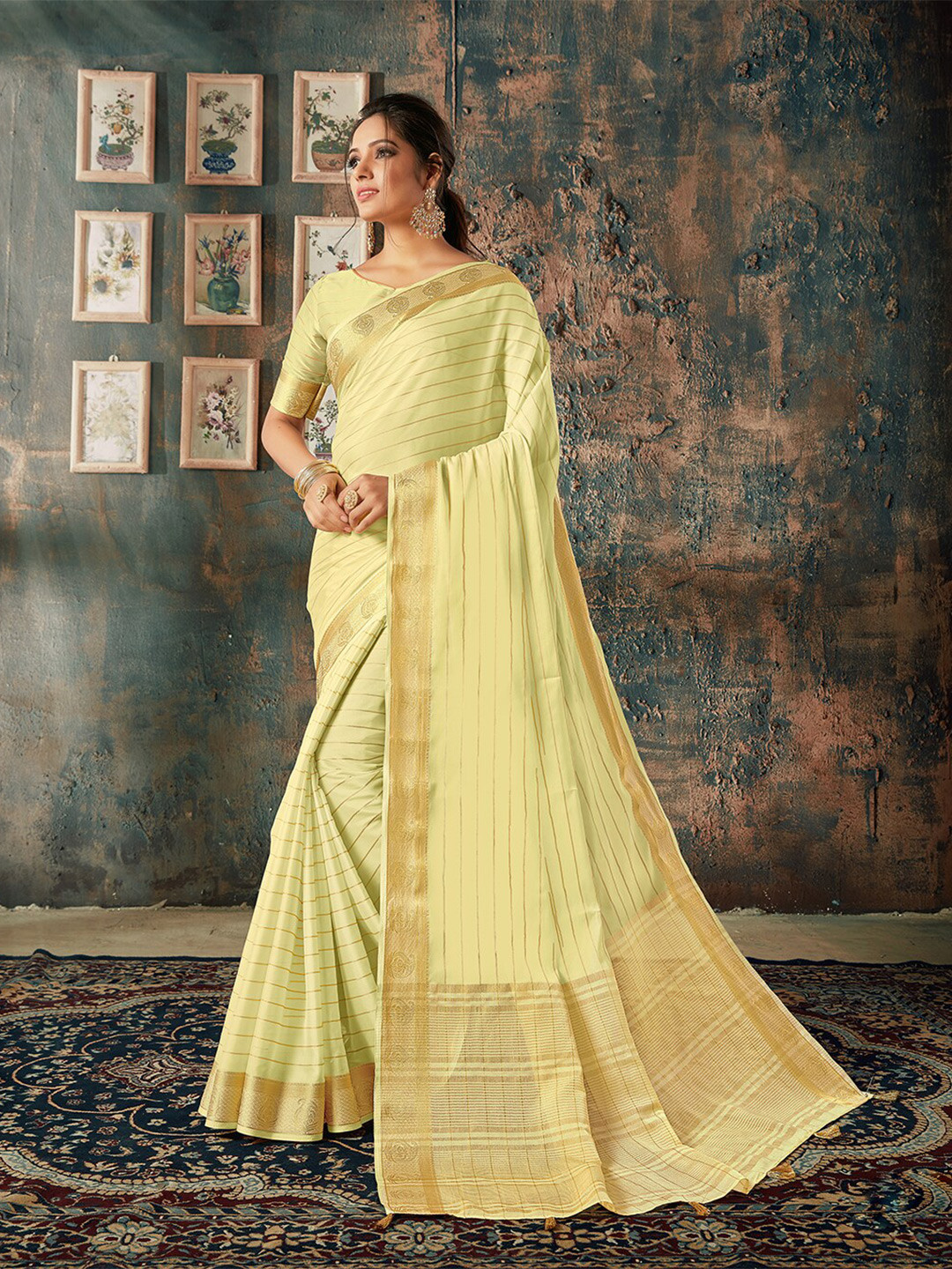 

Mitera Striped Woven Design Zari Saree, Yellow