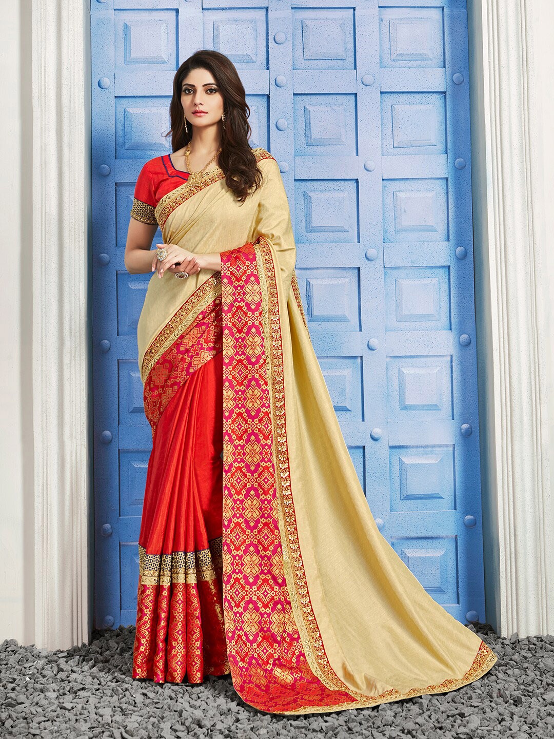 

Mitera Embellished Sequinned Half and Half Zari Saree, Gold