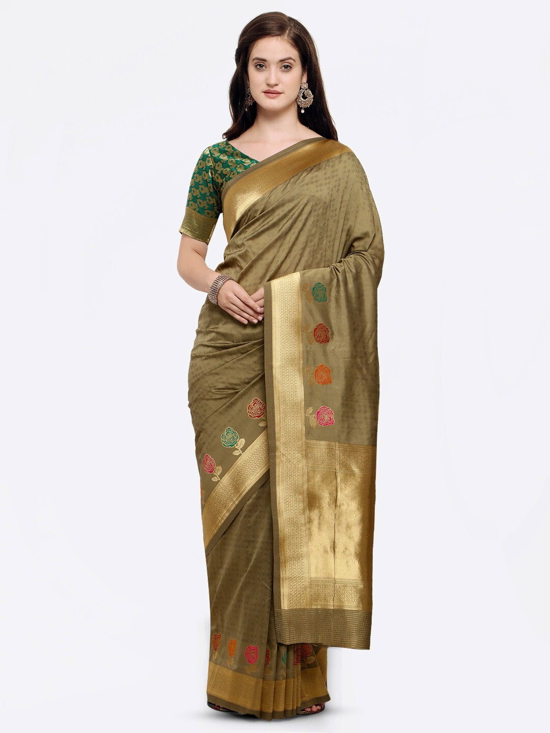

Mitera Woven Design Printed Zari Saree, Olive