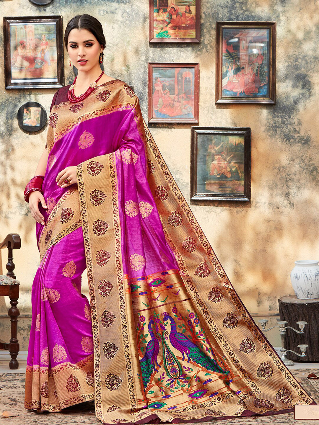 

Mitera Floral Woven Design Zari Saree, Pink