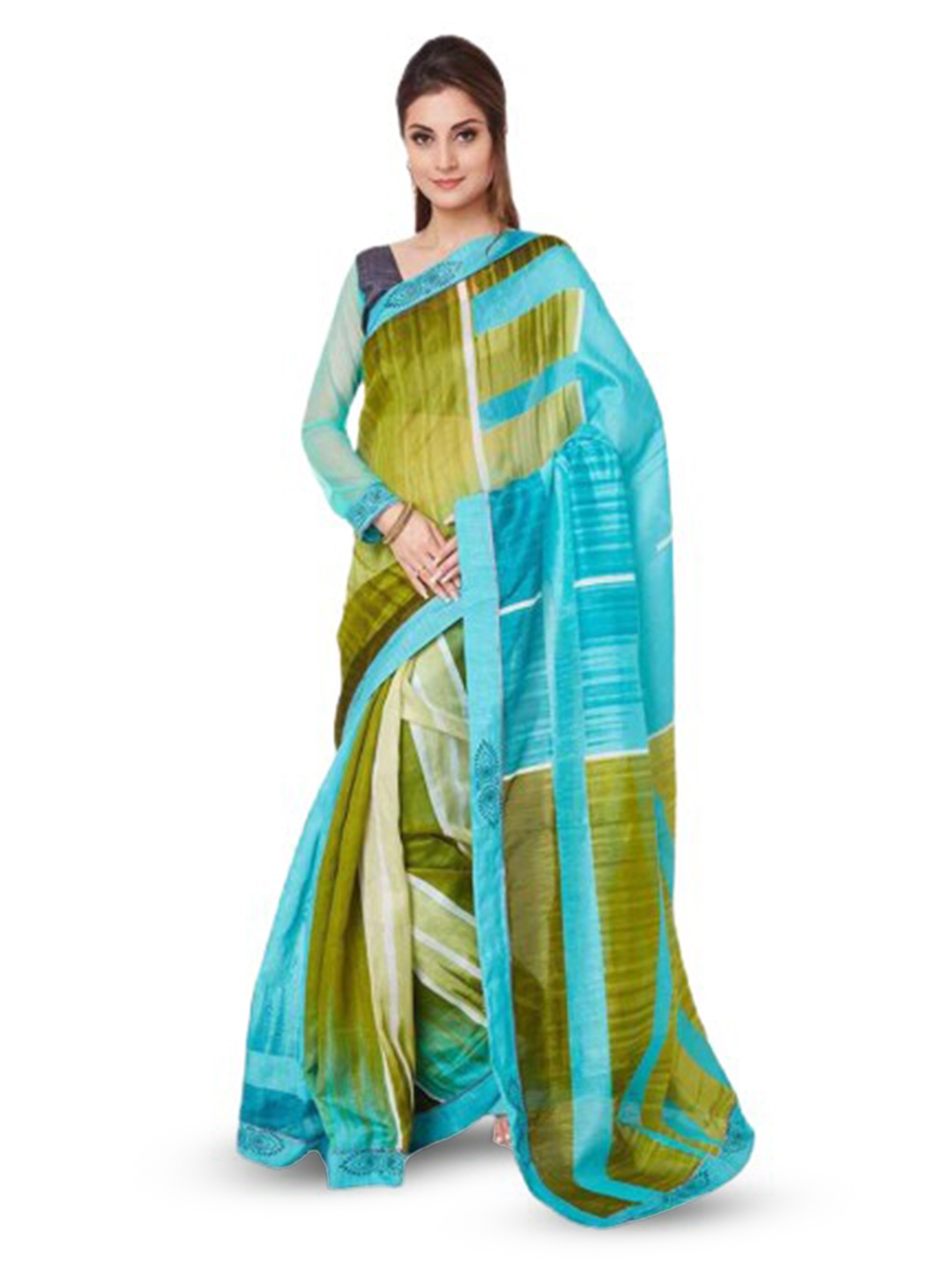 

Mitera Colourblocked Zari Saree, Sea green