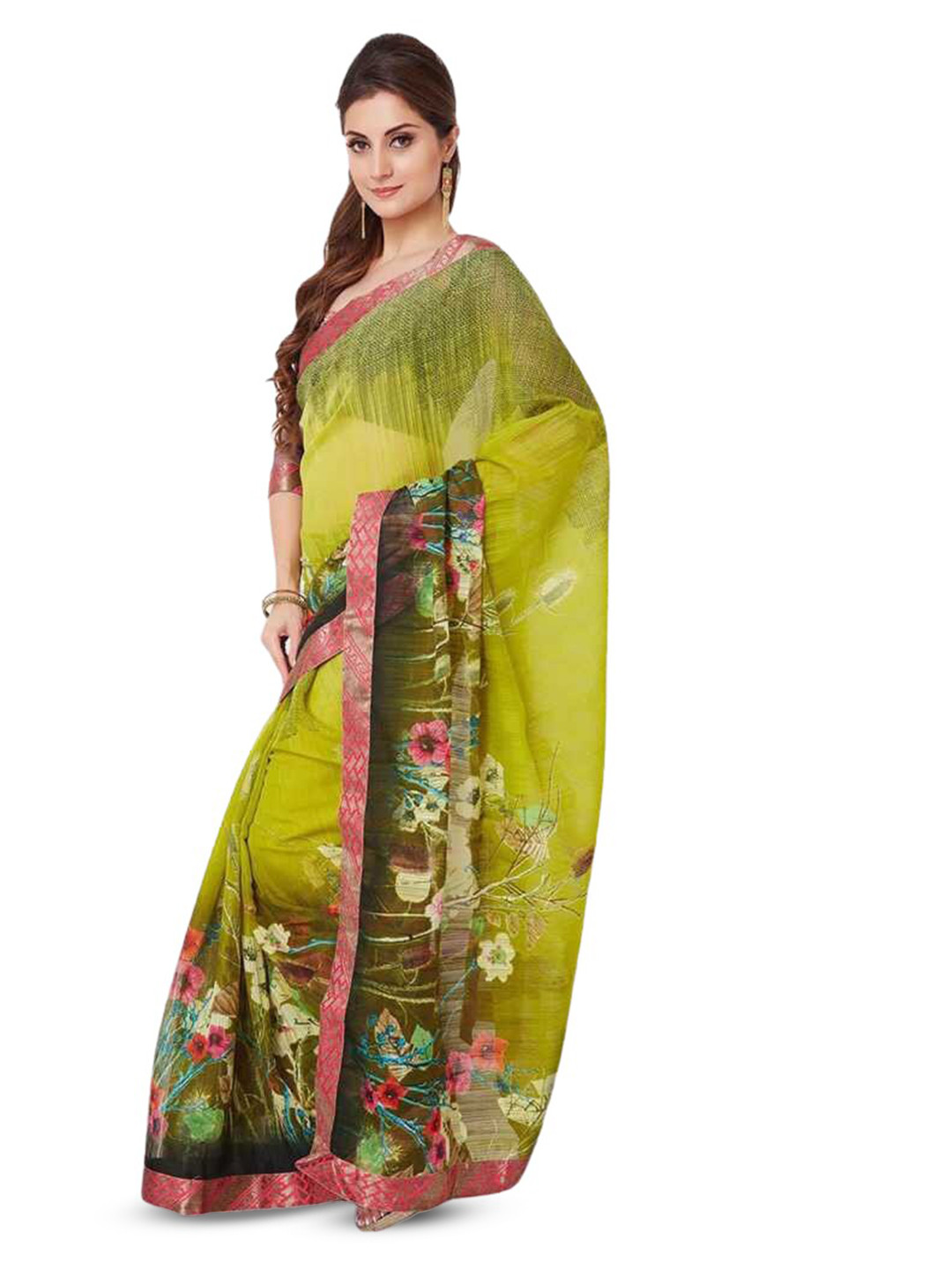 

Mitera Floral Printed Zari Saree, Olive