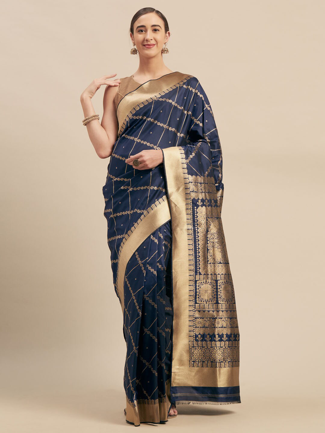 

Mitera Ethnic Motifs Woven Design Zari Saree, Navy blue