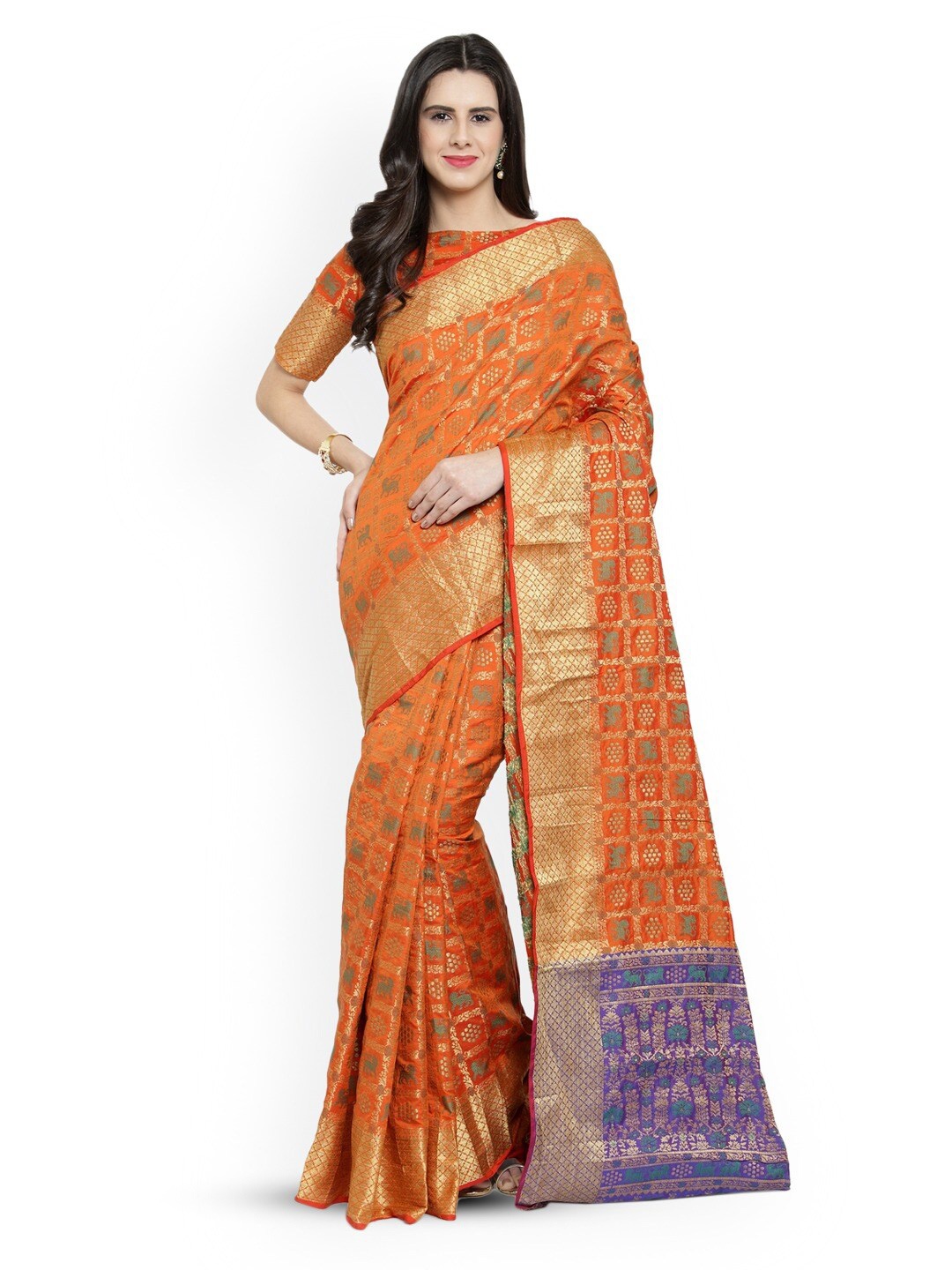 

Mitera Woven Design Zari Silk Blend Saree, Orange