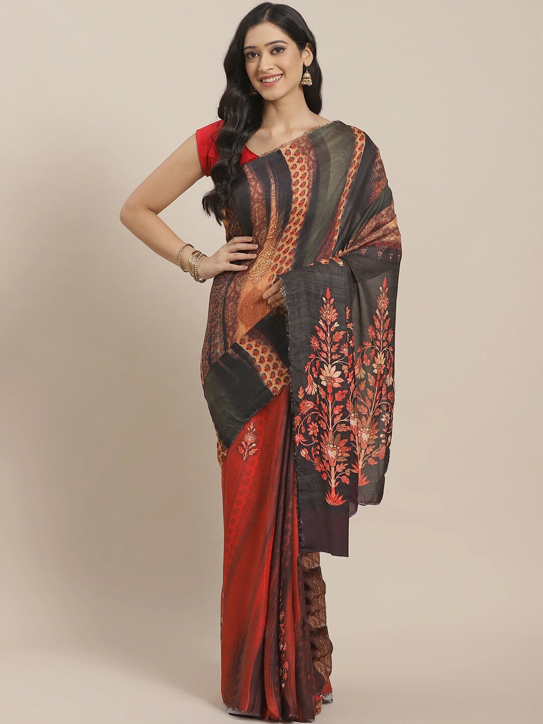 

Mitera Ethnic Motifs Printed Satin Saree, Green