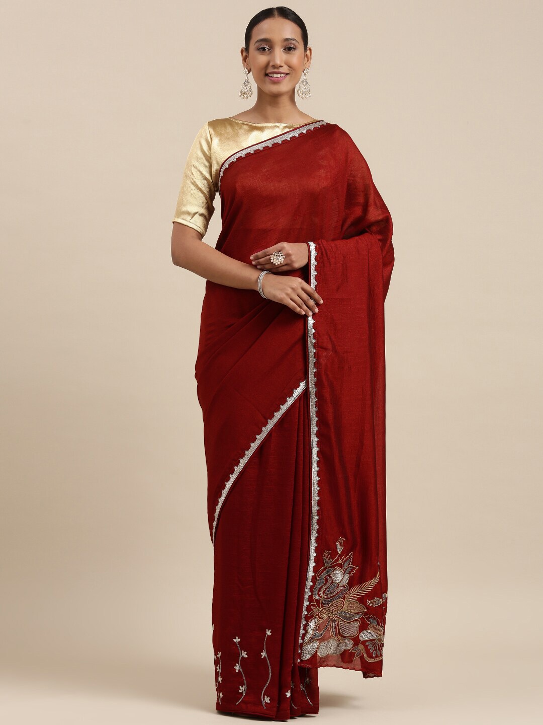

Mitera Floral Zari Silk Blend Saree, Maroon