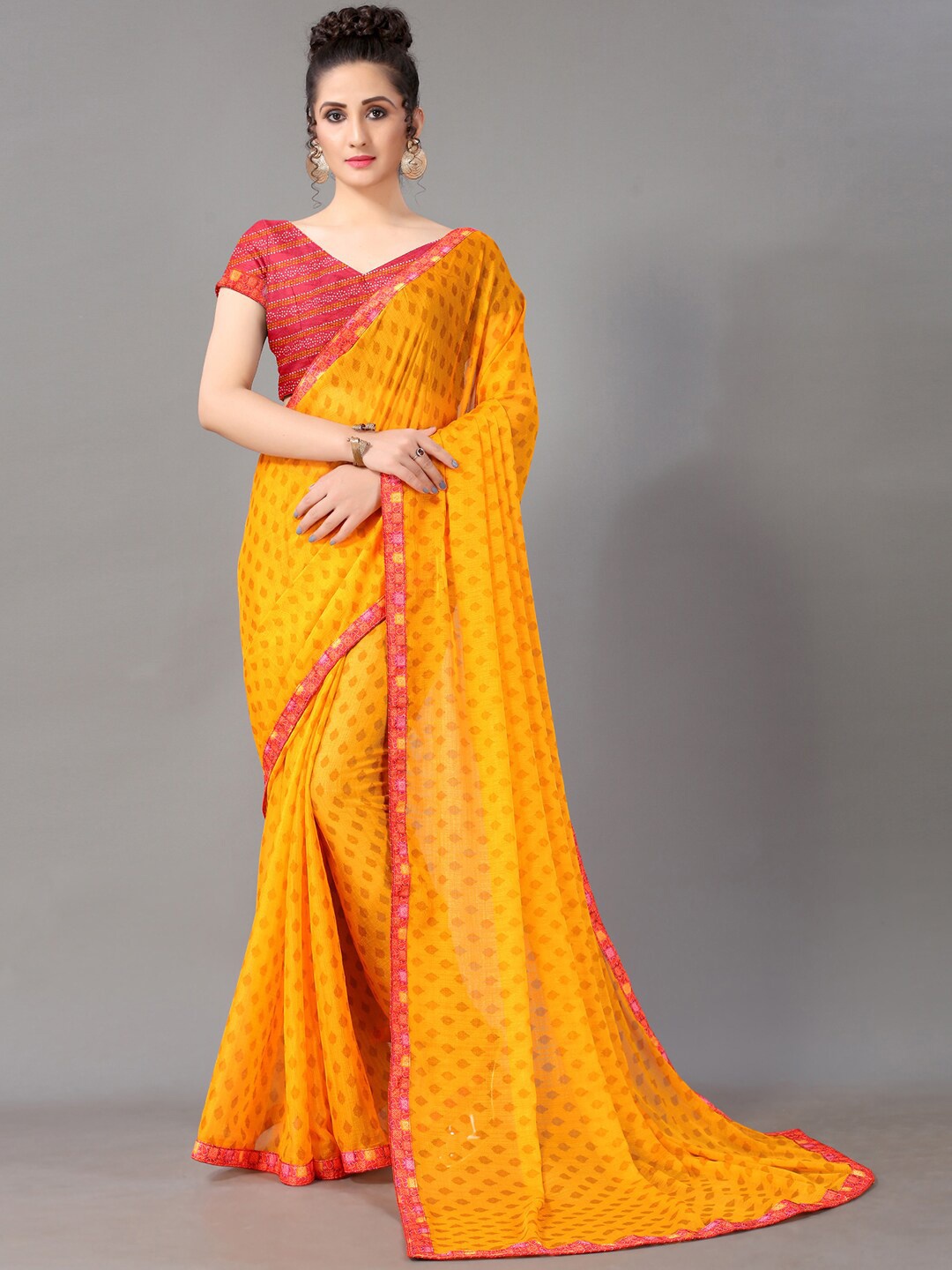 

Mitera Floral Zari Poly Chiffon Saree, Yellow