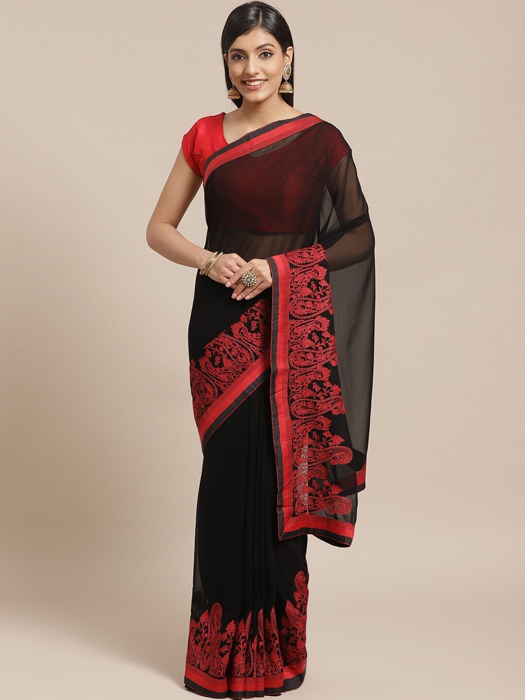

Mitera Floral Embroidered Zari Saree, Black