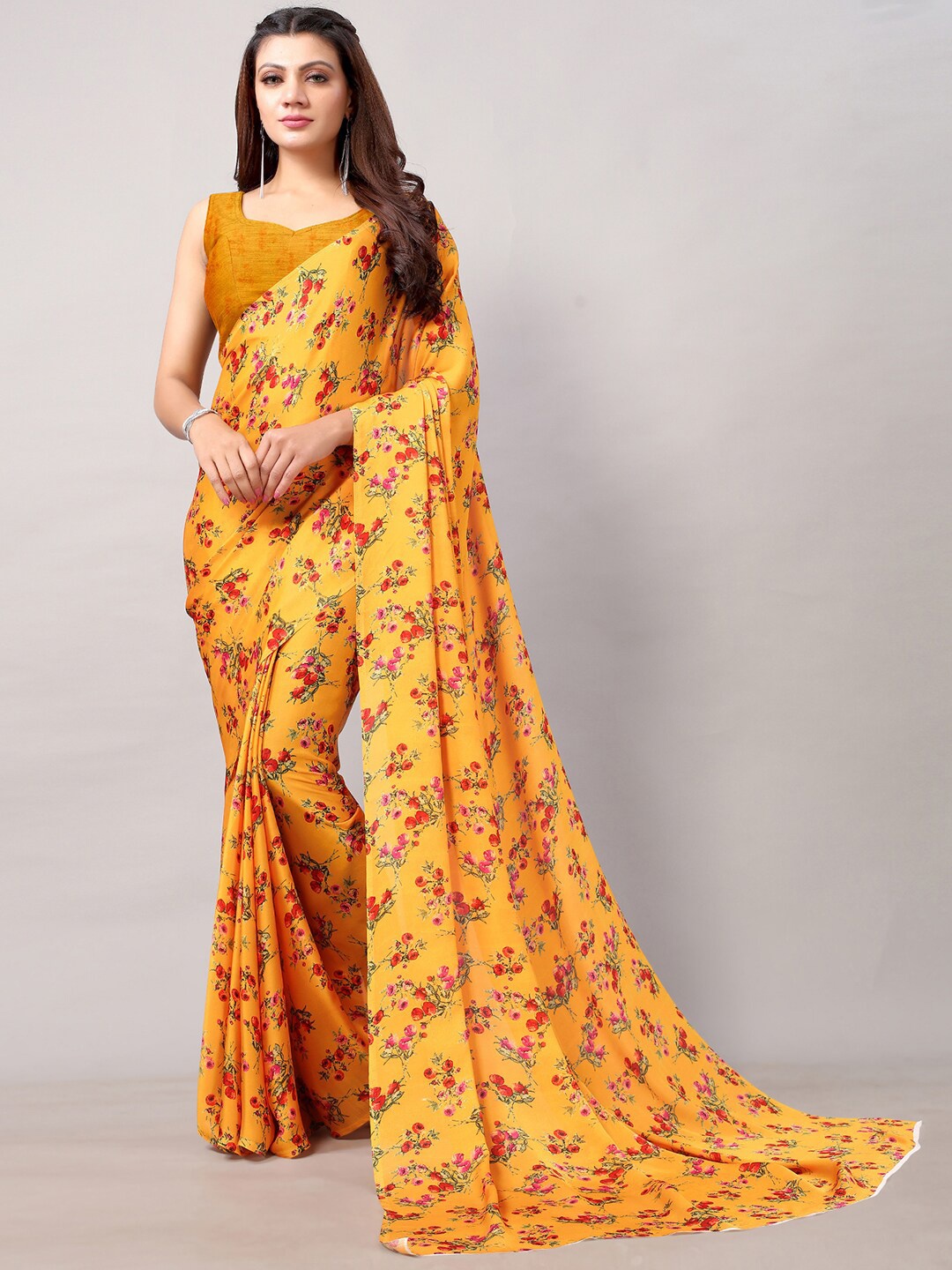 

Mitera Floral Printed Satin Saree, Yellow