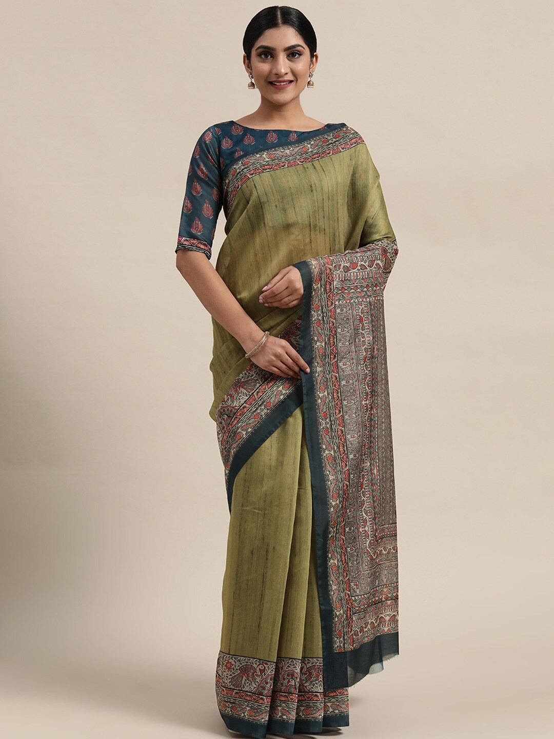 

Mitera Ethnic Motifs Printed Zari Saree, Green