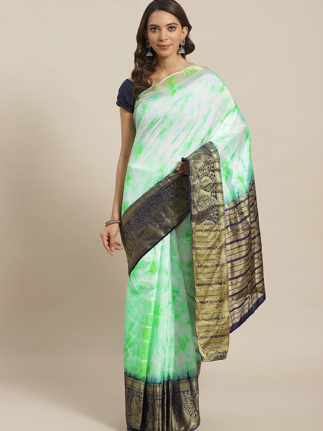 

Mitera Tie and Dye Woven Design Zari Saree, Green