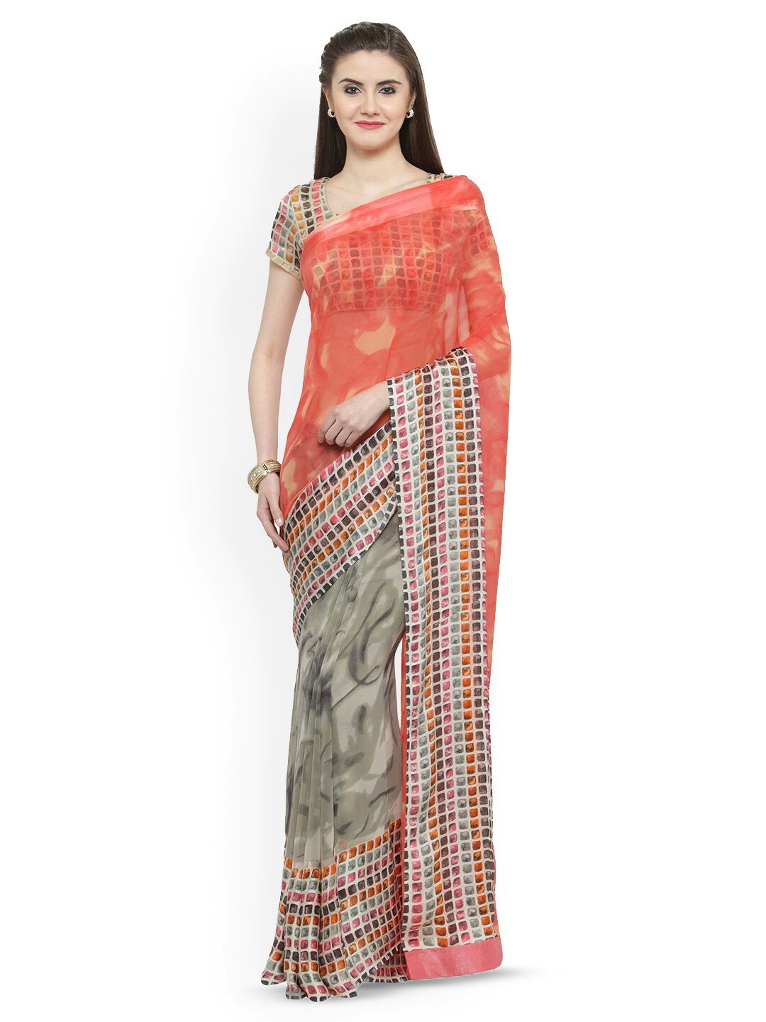 

Mitera Floral Printed Saree, Peach