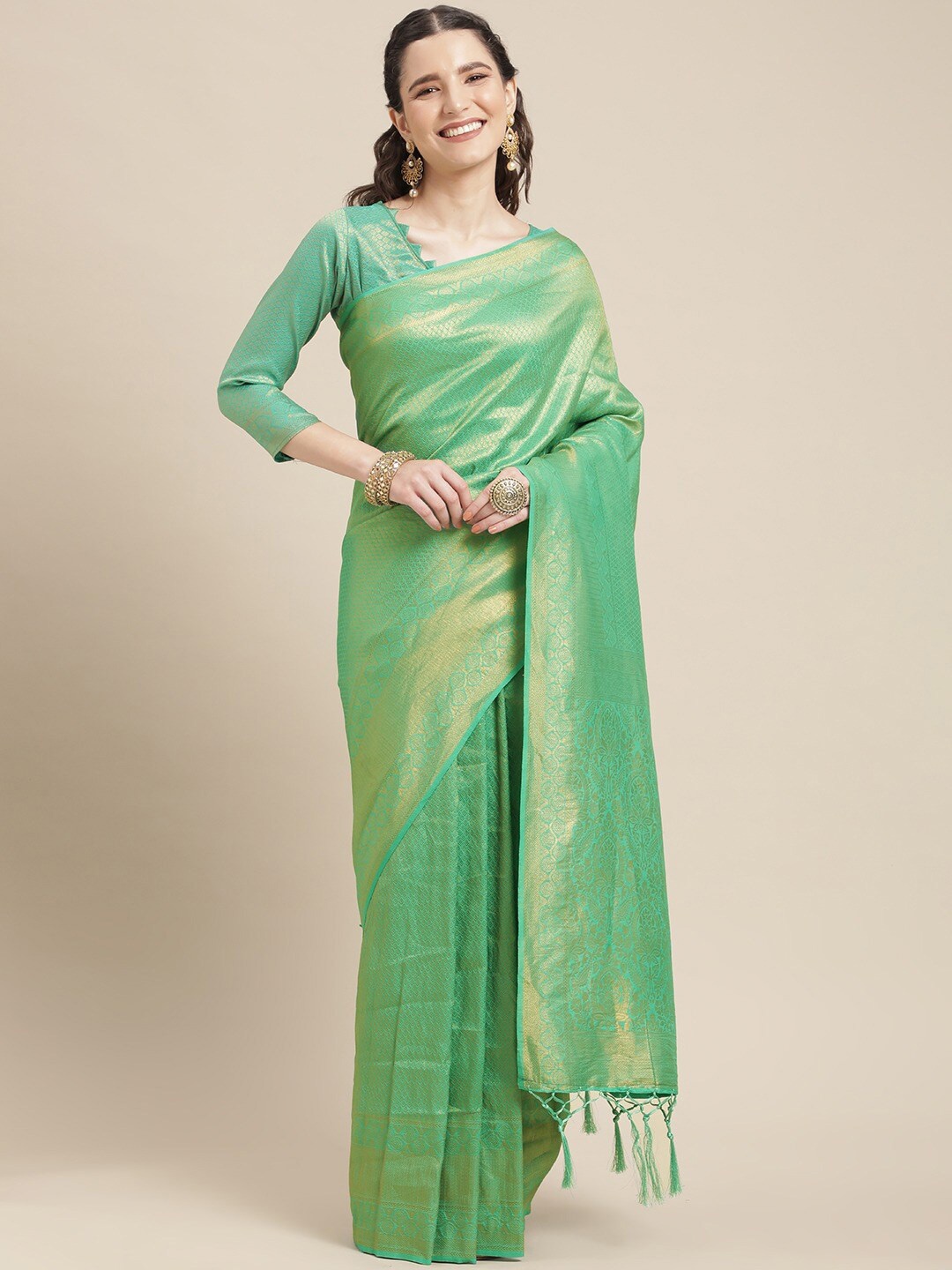 

Mitera Woven Design Zari Silk Blend Saree, Green