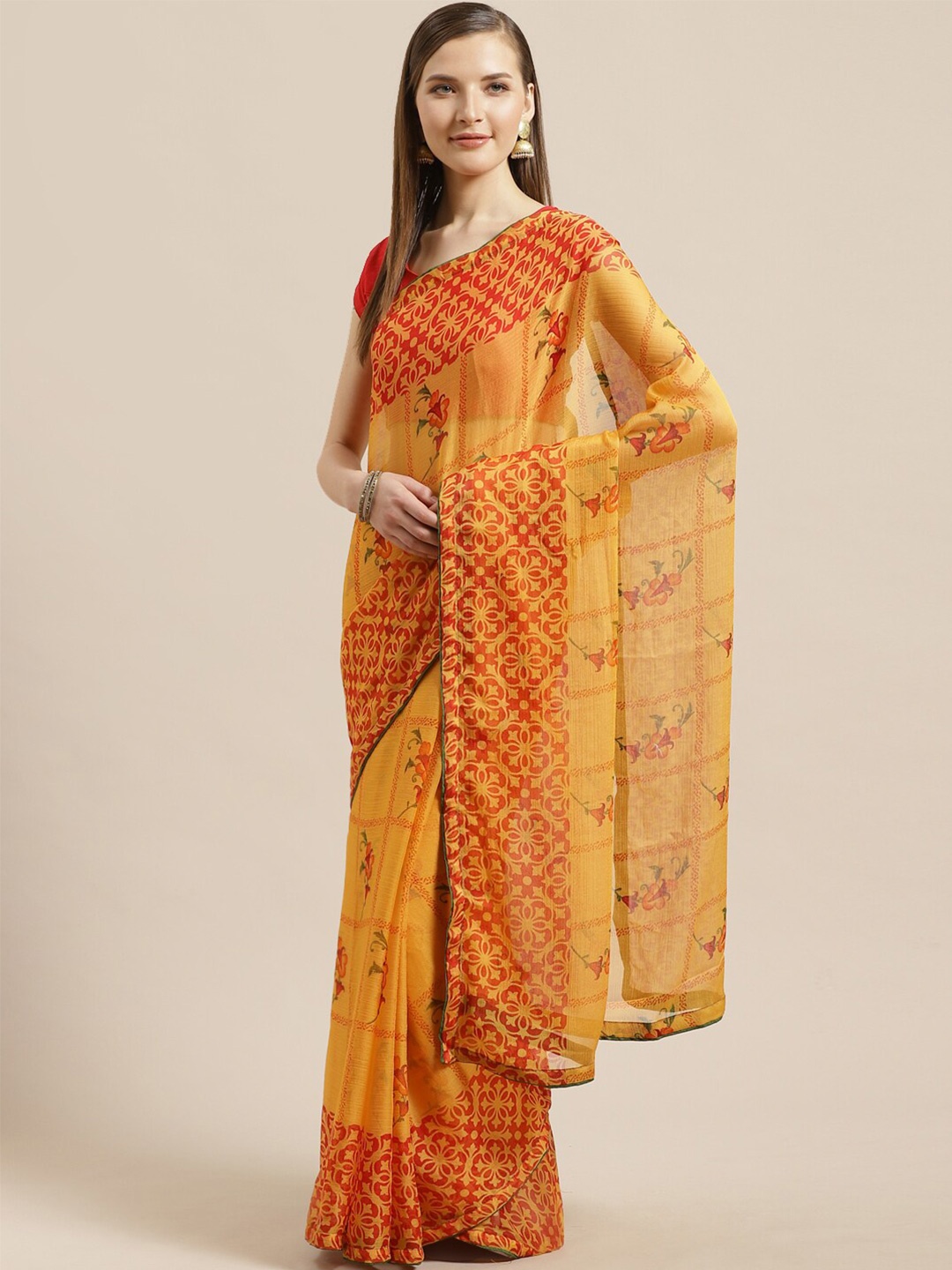 

Mitera Floral Printed Zari Saree, Yellow