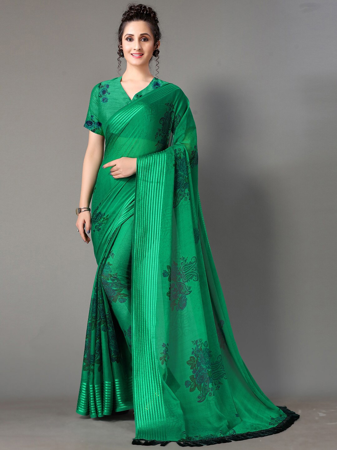 

Mitera Green Ethnic Motifs Printed Georgette Saree