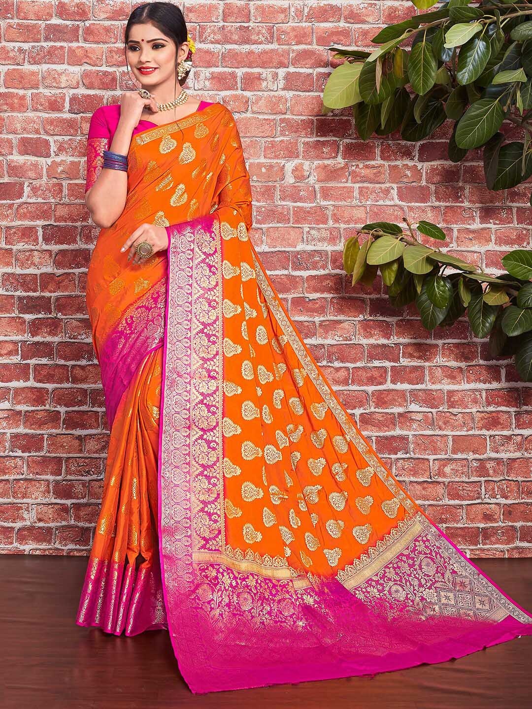 

Mitera Orange Ethnic Motifs Woven Design Zari Saree