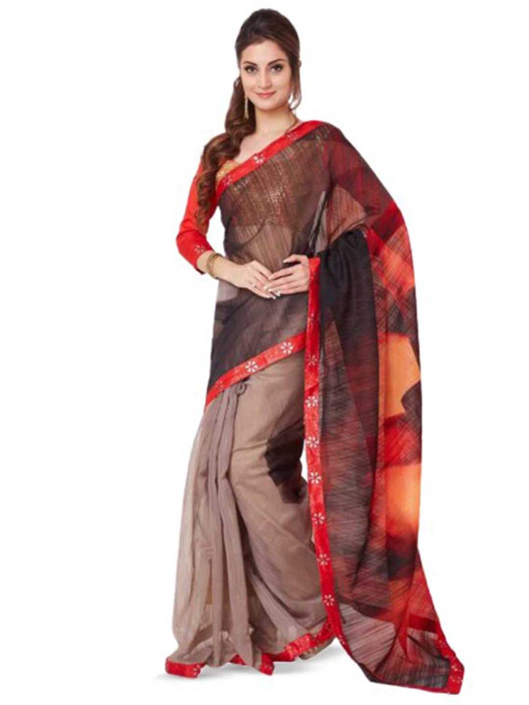 

Mitera Abstract Printed Zari Saree, Brown