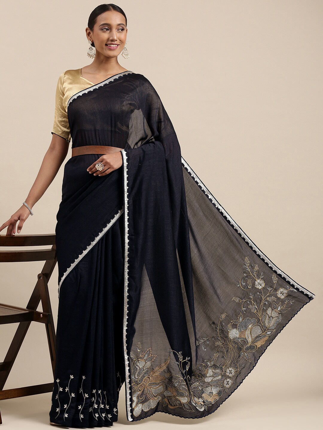 

Mitera Floral Embroidered Zari Saree, Navy blue