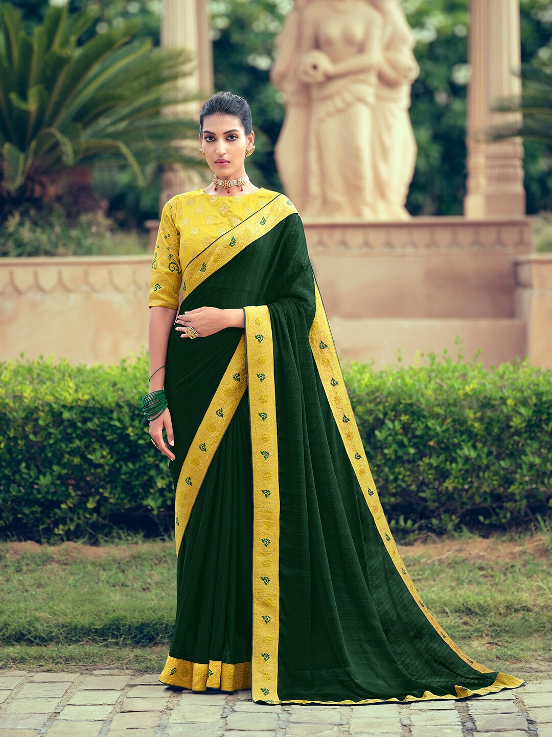 

Mitera Ethnic Motifs Woven Design Zari Pure Chiffon Saree, Green