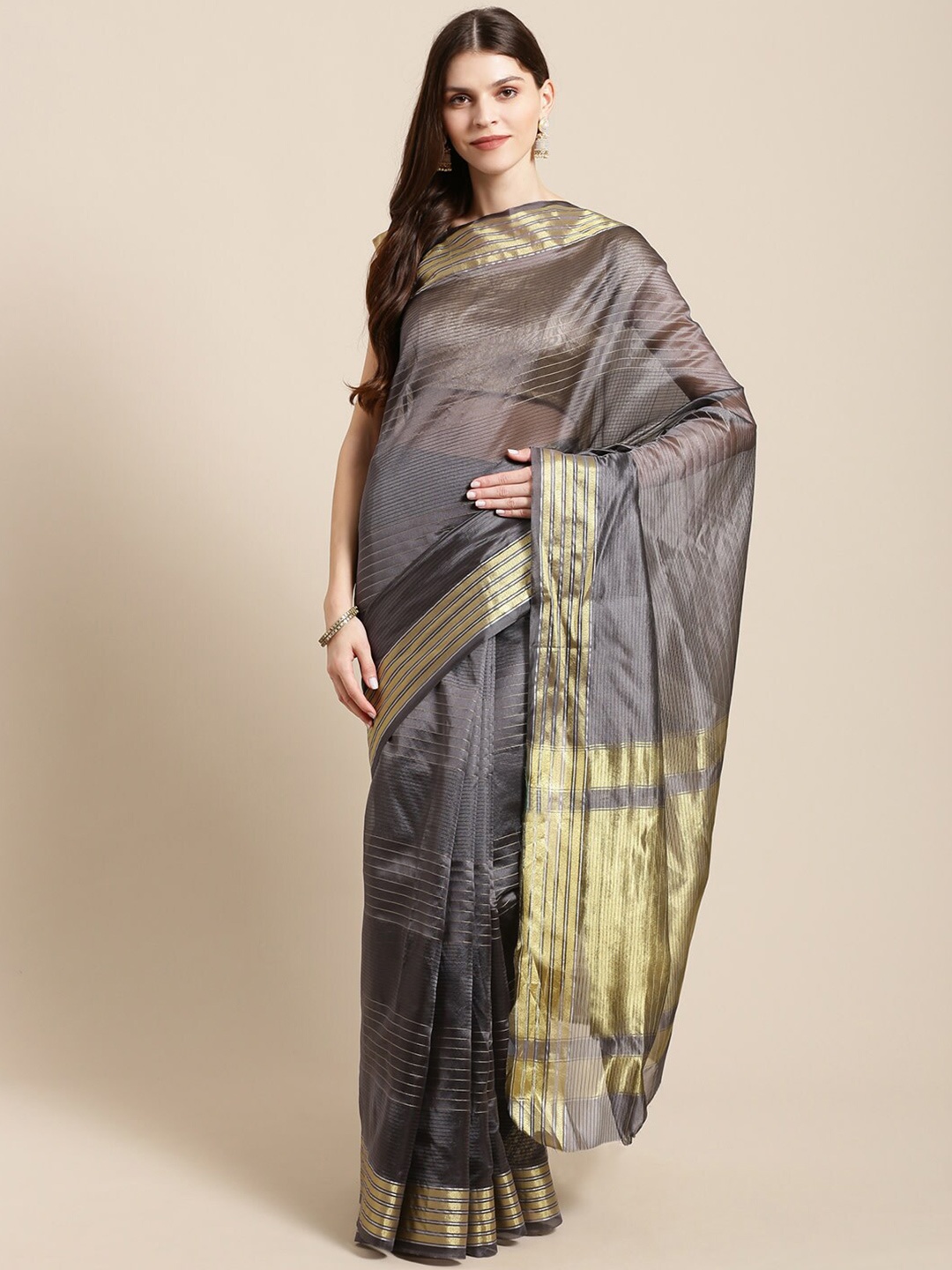 

Mitera Sttriped Woven Design Zari Saree, Grey