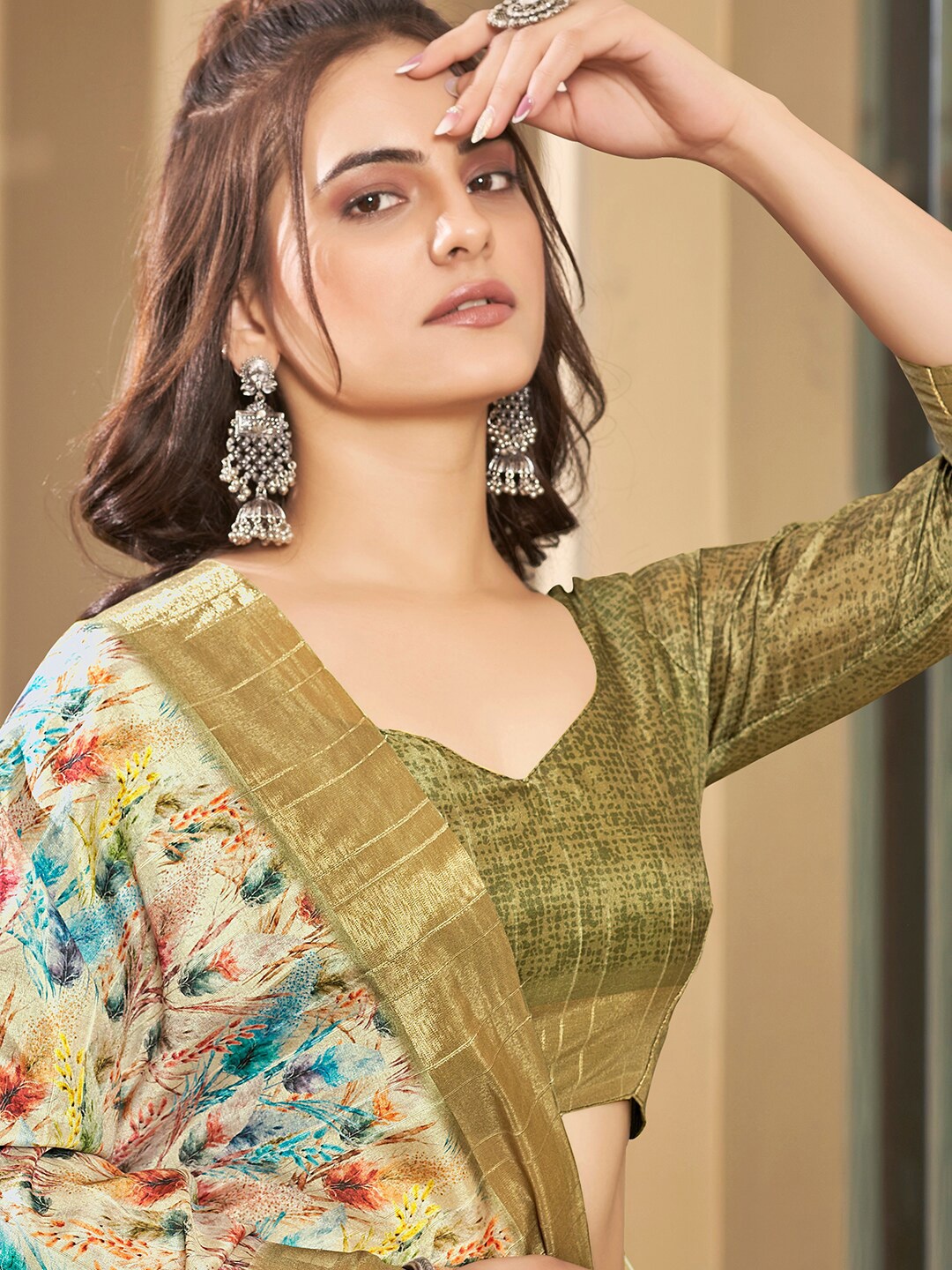 

Vishudh Floral Printed Zari Art Silk Saree, Beige