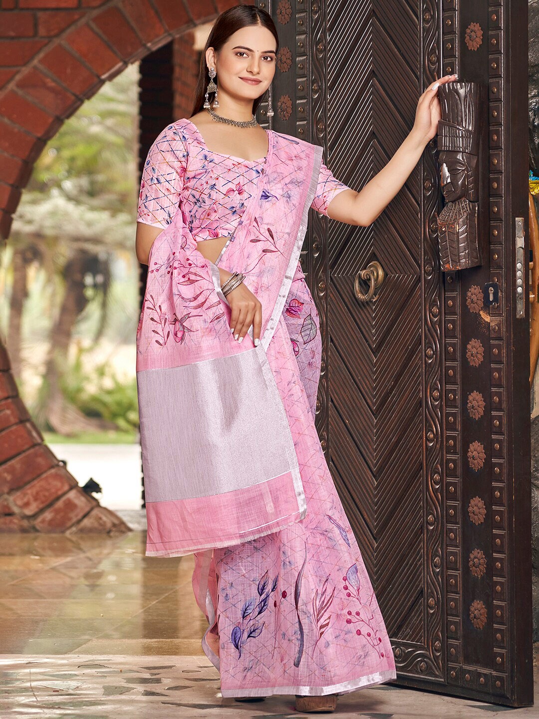

Vishudh Pink Floral Printed Zari Linen Silk Saree