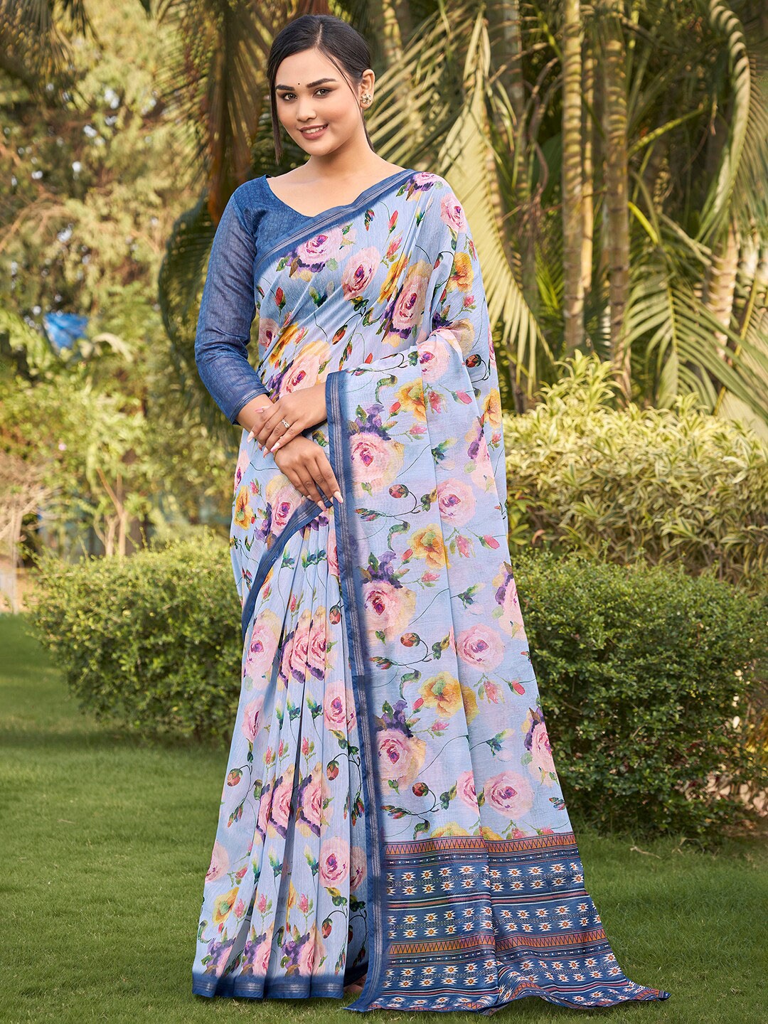 

Vishudh Blue Floral Printed Chanderi Saree
