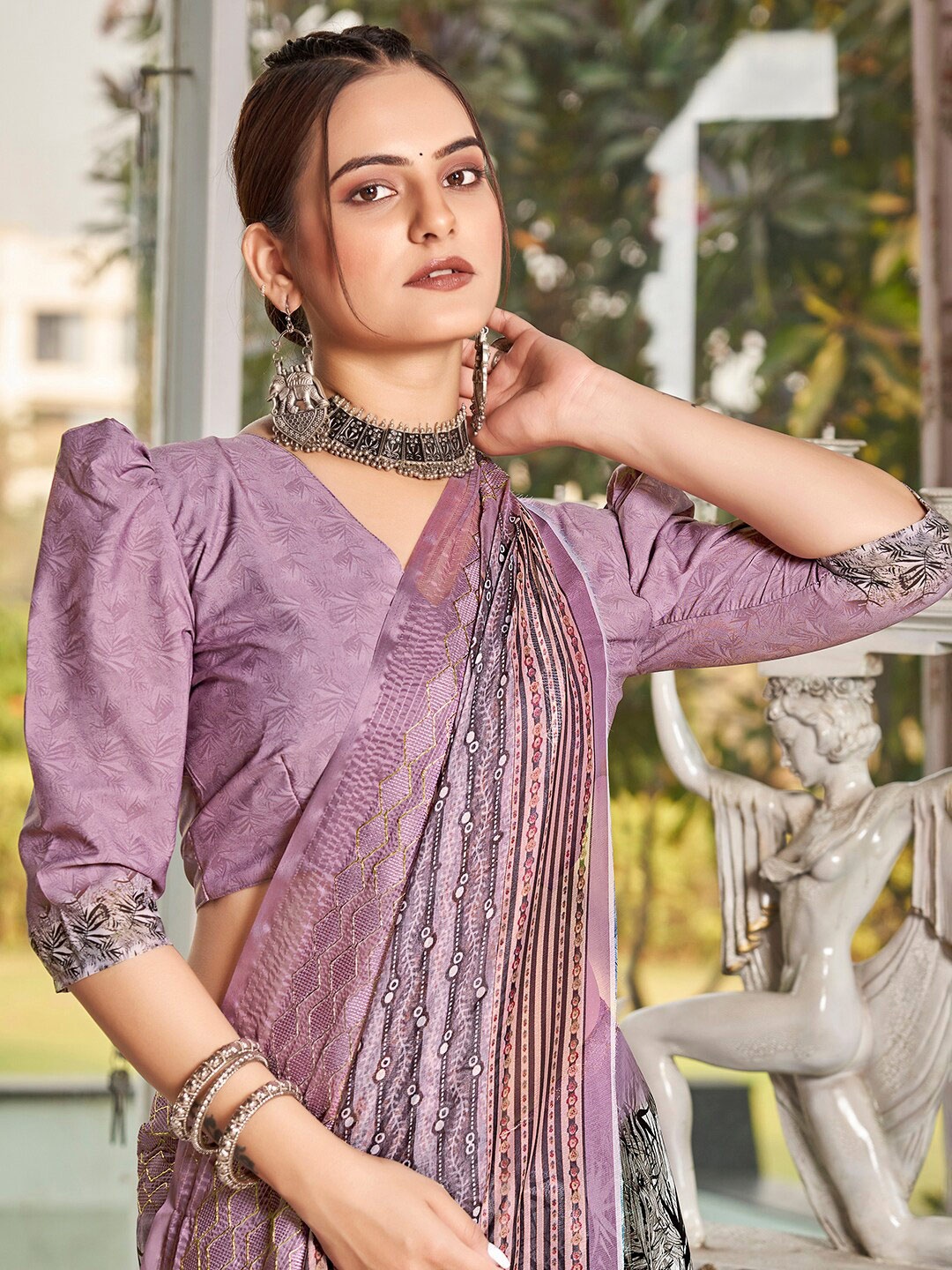 

Vishudh Purple Floral Printed Zari Embroidered Chinon Saree