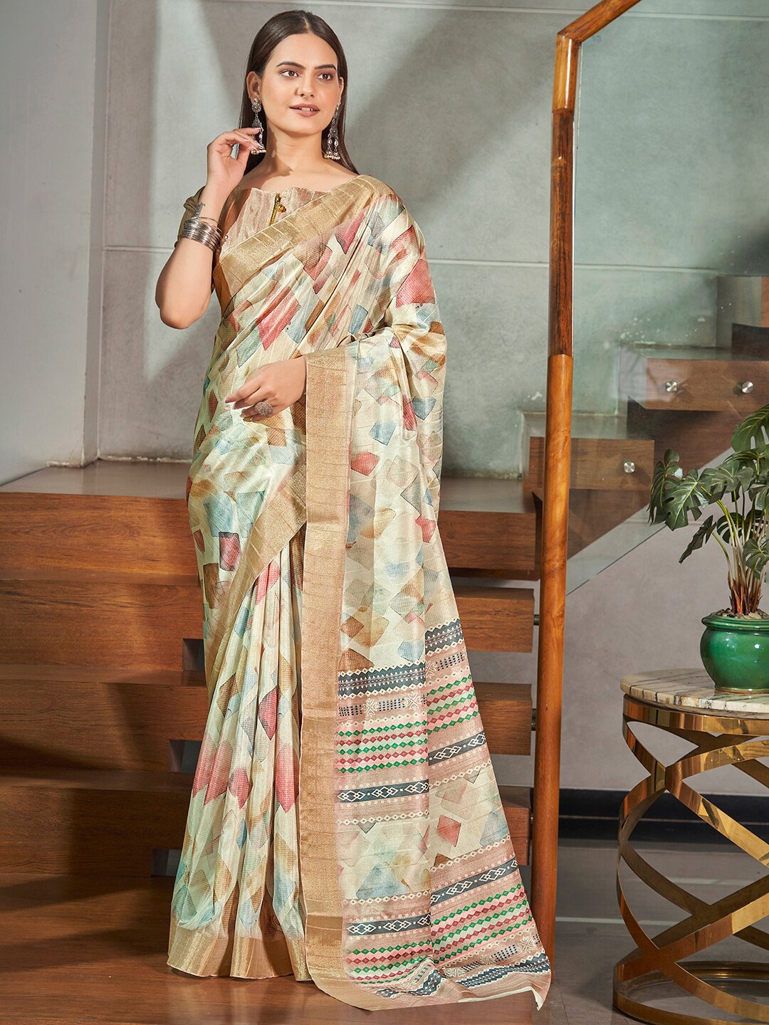 

Vishudh Beige Geometric Printed Zari Saree