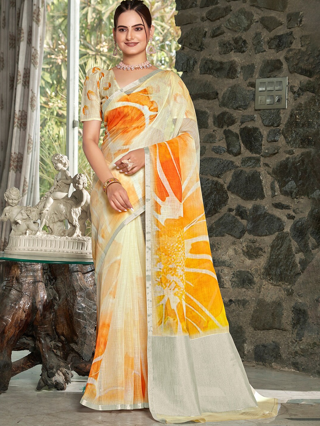 

Vishudh Beige & Orange Floral Printed Zari Saree