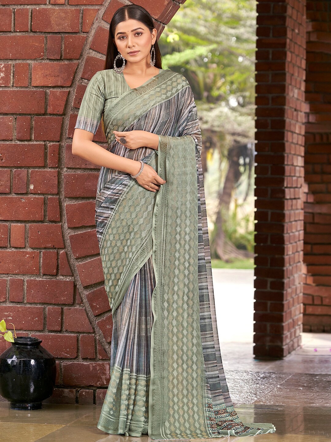 

Vishudh Grey Striped Zari Embroidered Chanderi Saree