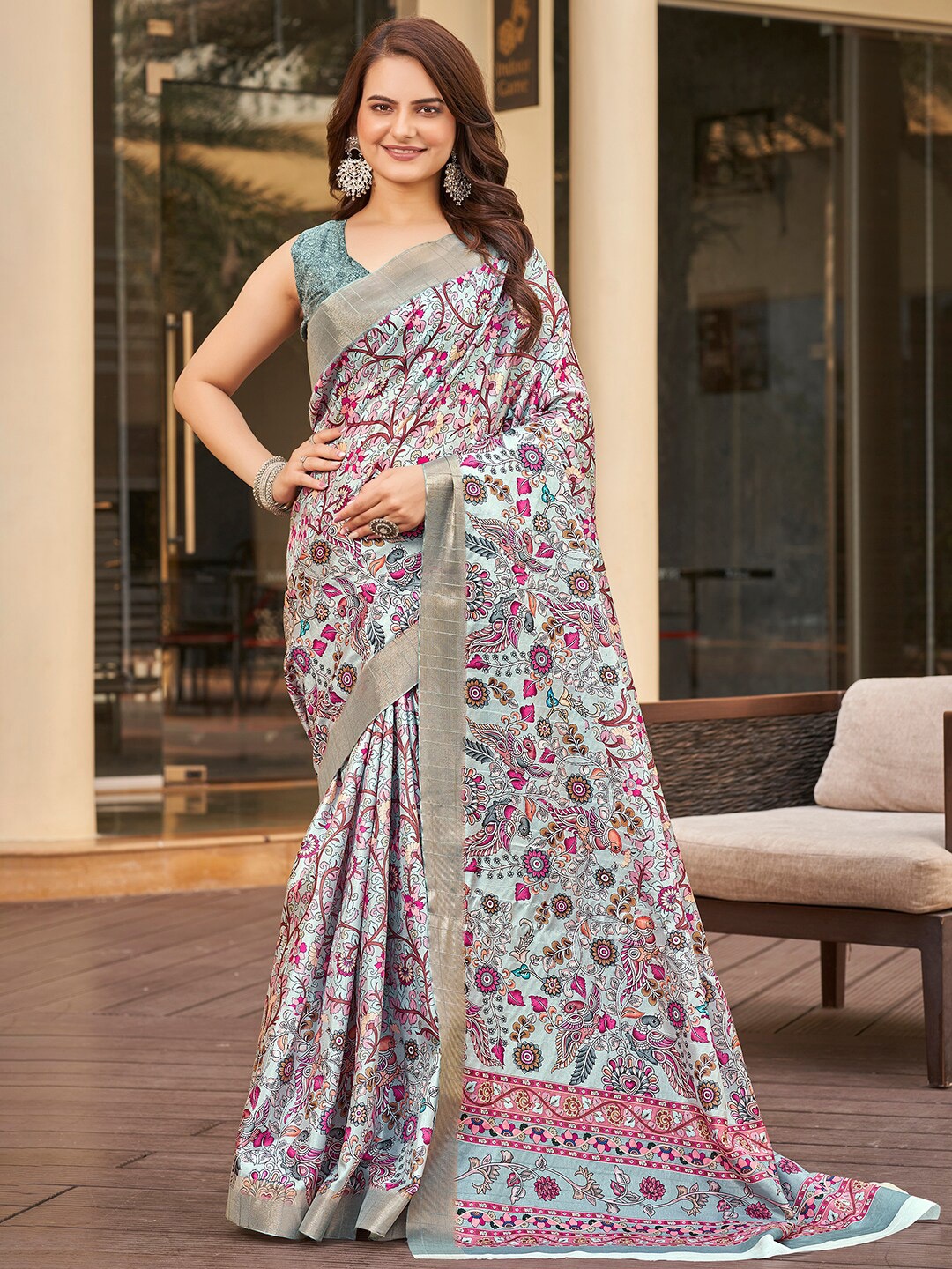 

Vishudh Blue Floral Printed Zari Saree