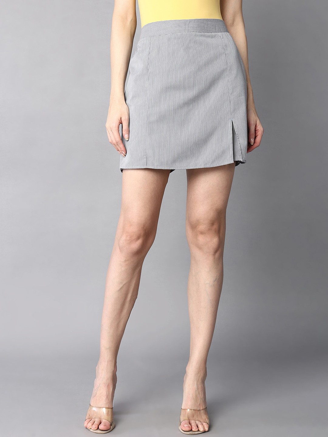 

The Roadster Lifestyle Co. Grey Striped Pure Cotton Mini Skorts