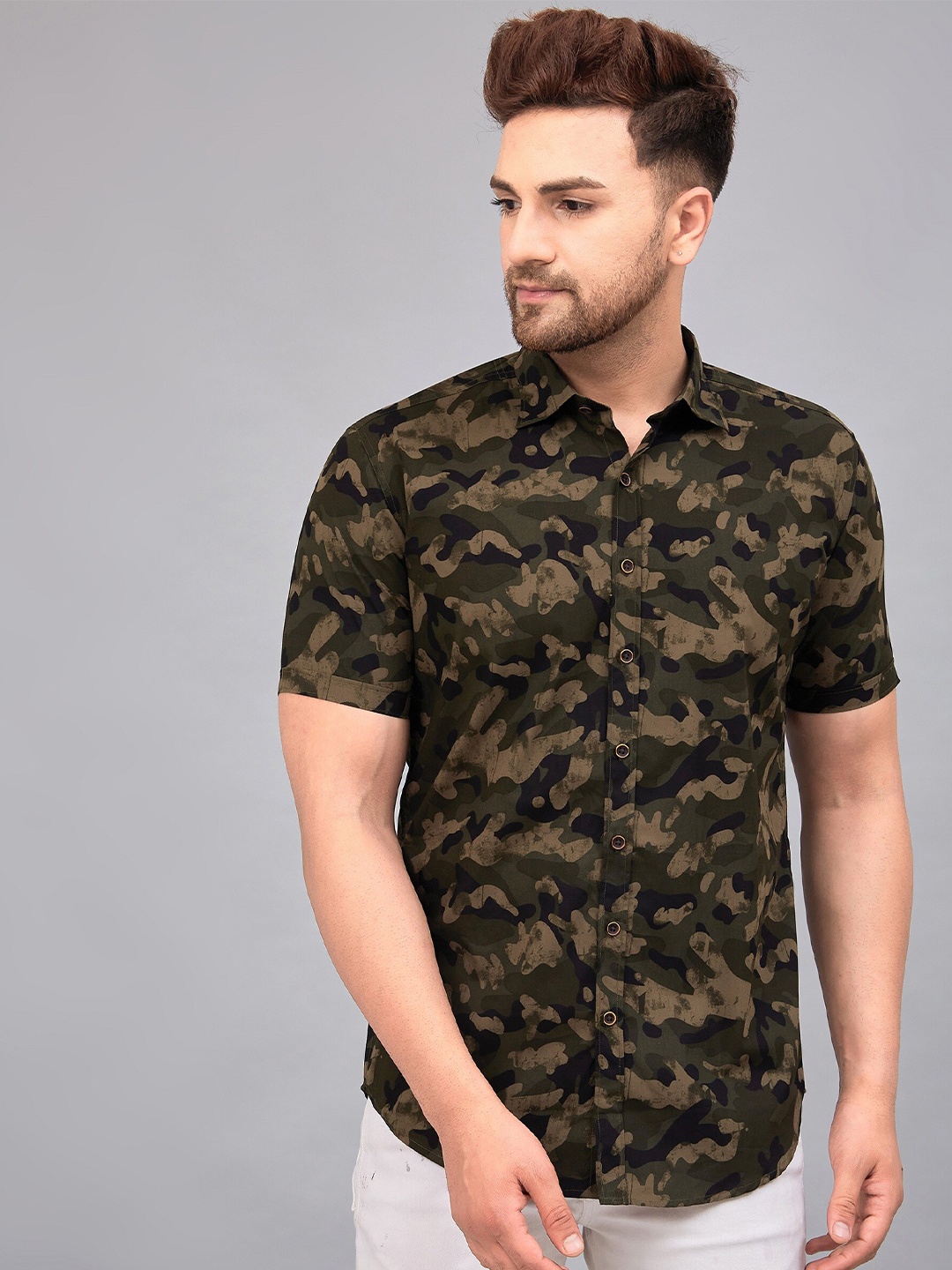LOUIS MONARCH Comfort Camouflage Printed Spread Collar Slim Fit Cotton Casual Shirt, Green