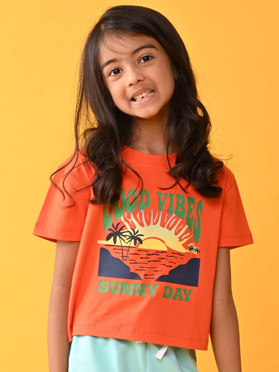 

Anthrilo Girls Graphic Printed Drop-Shoulder Sleeves T-shirt, Orange