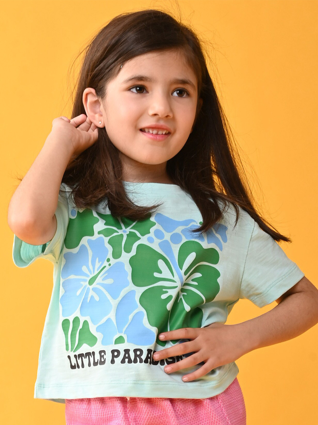 

Anthrilo Girls Floral Printed Crop T-shirt, Sea green