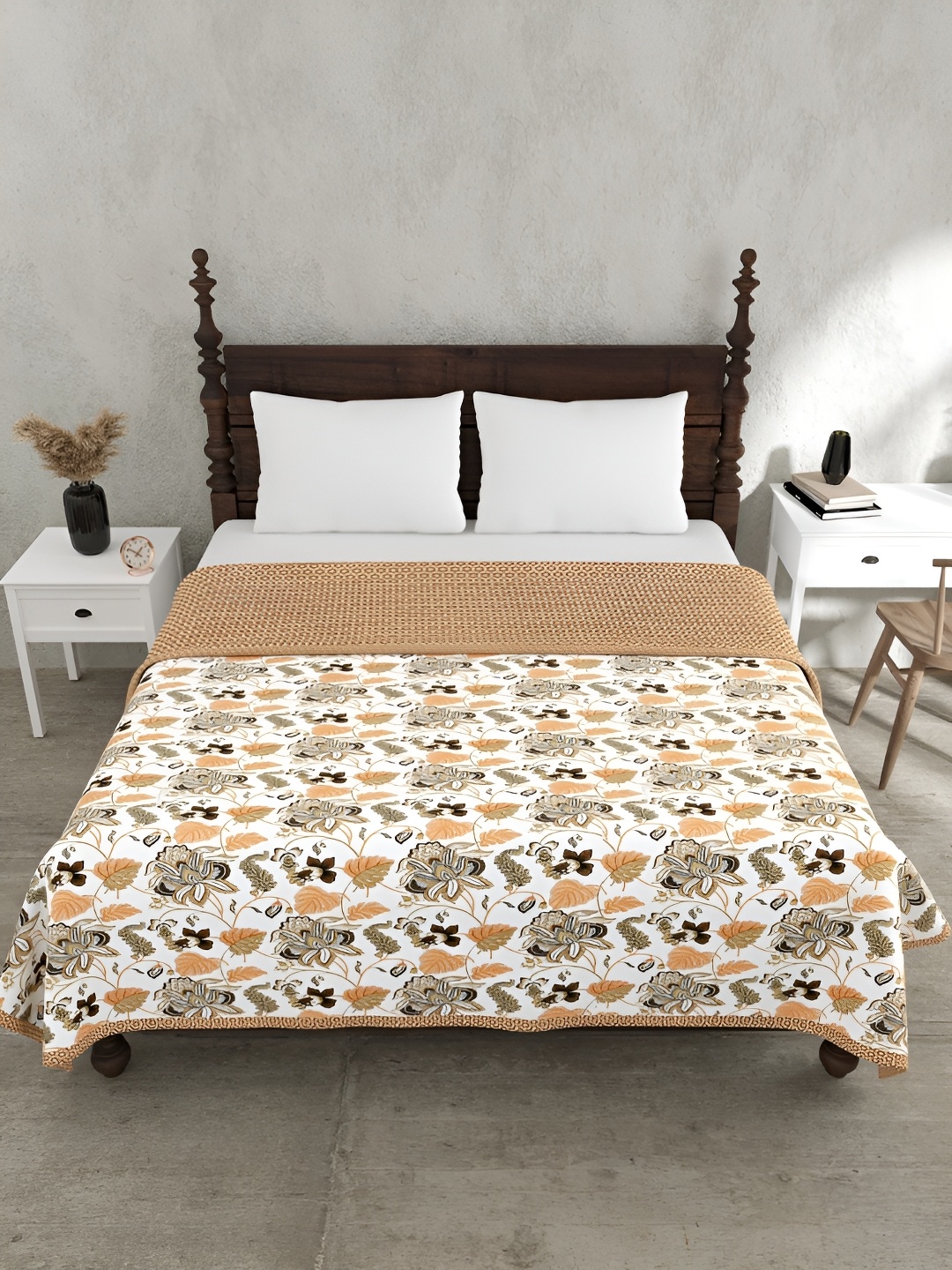 

JAIPUR FABRIC Mustard & White Floral Cotton 150 GSM Reversible Double Bed Dohar