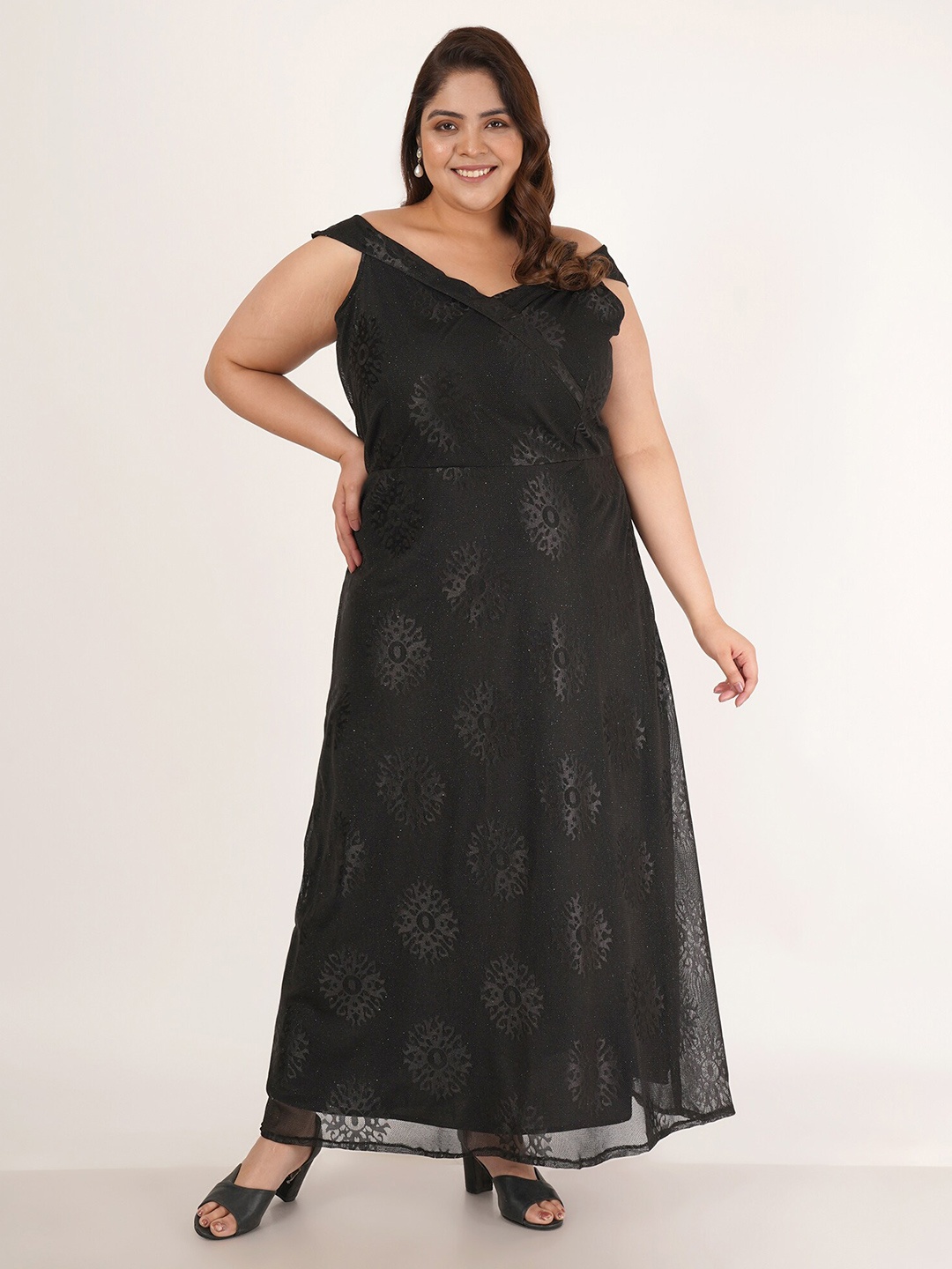 

Flambeur Plus Size V-Neck Net Maxi Dress, Black