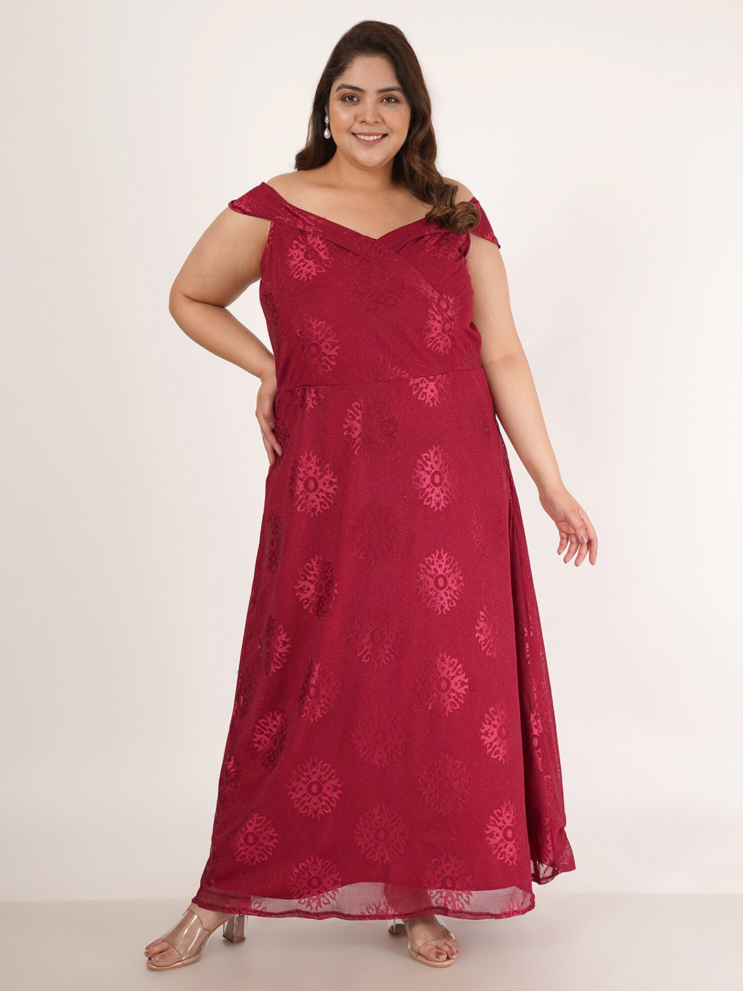 

Flambeur Plus Size V-Neck Net Maxi Dress, Maroon