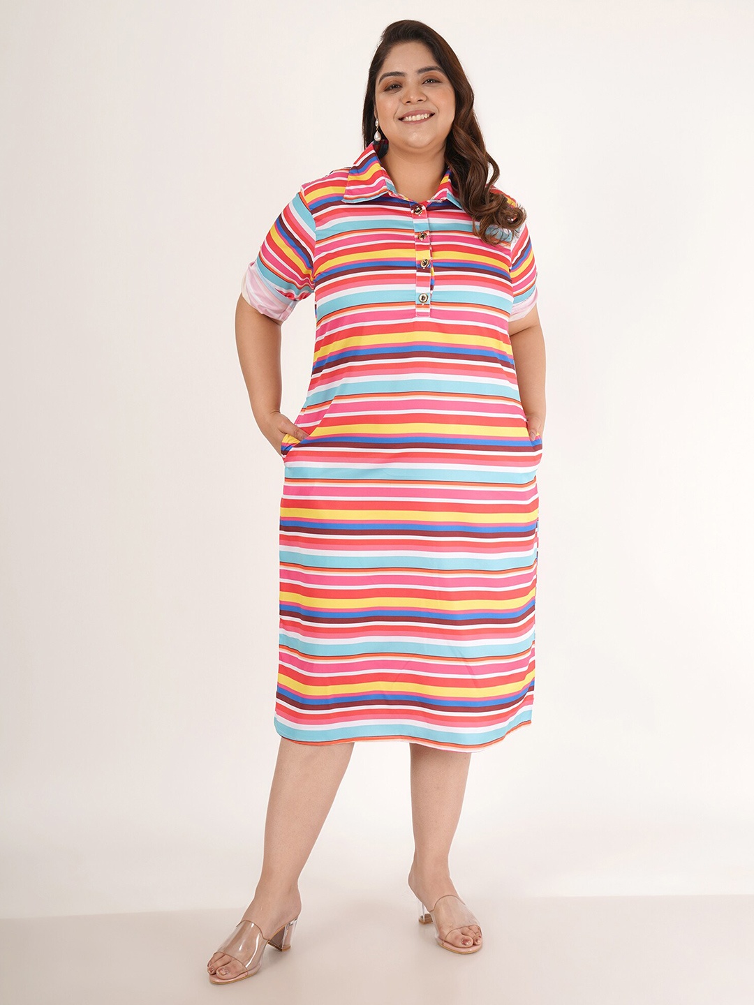 

Flambeur Plus Size Striped Crepe T-shirt Midi Dress, Multi