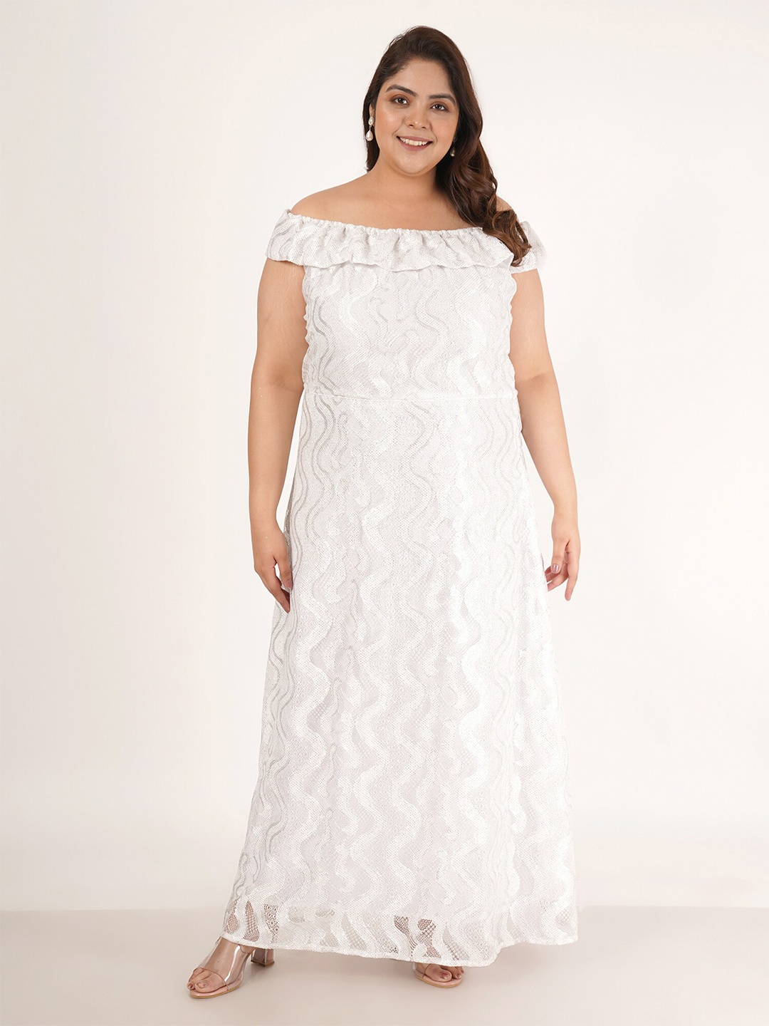 

Flambeur Plus Size Off-Shoulder Net Maxi Dress, White