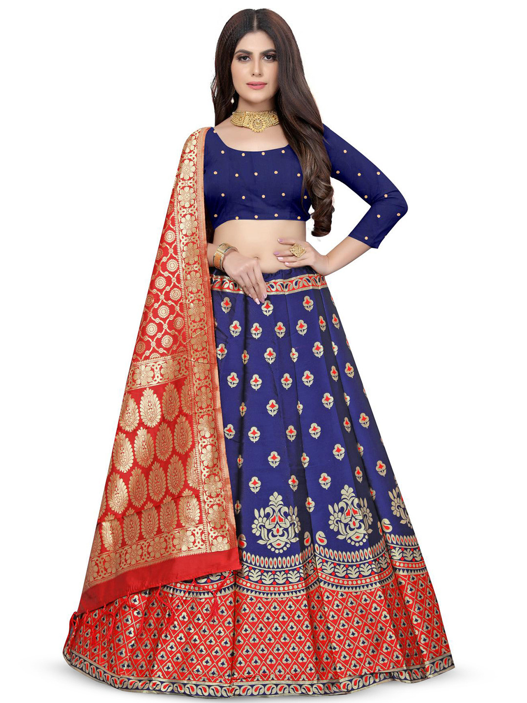 

Rujave Semi-Stitched Lehenga & Unstitched Blouse With Dupatta, Red