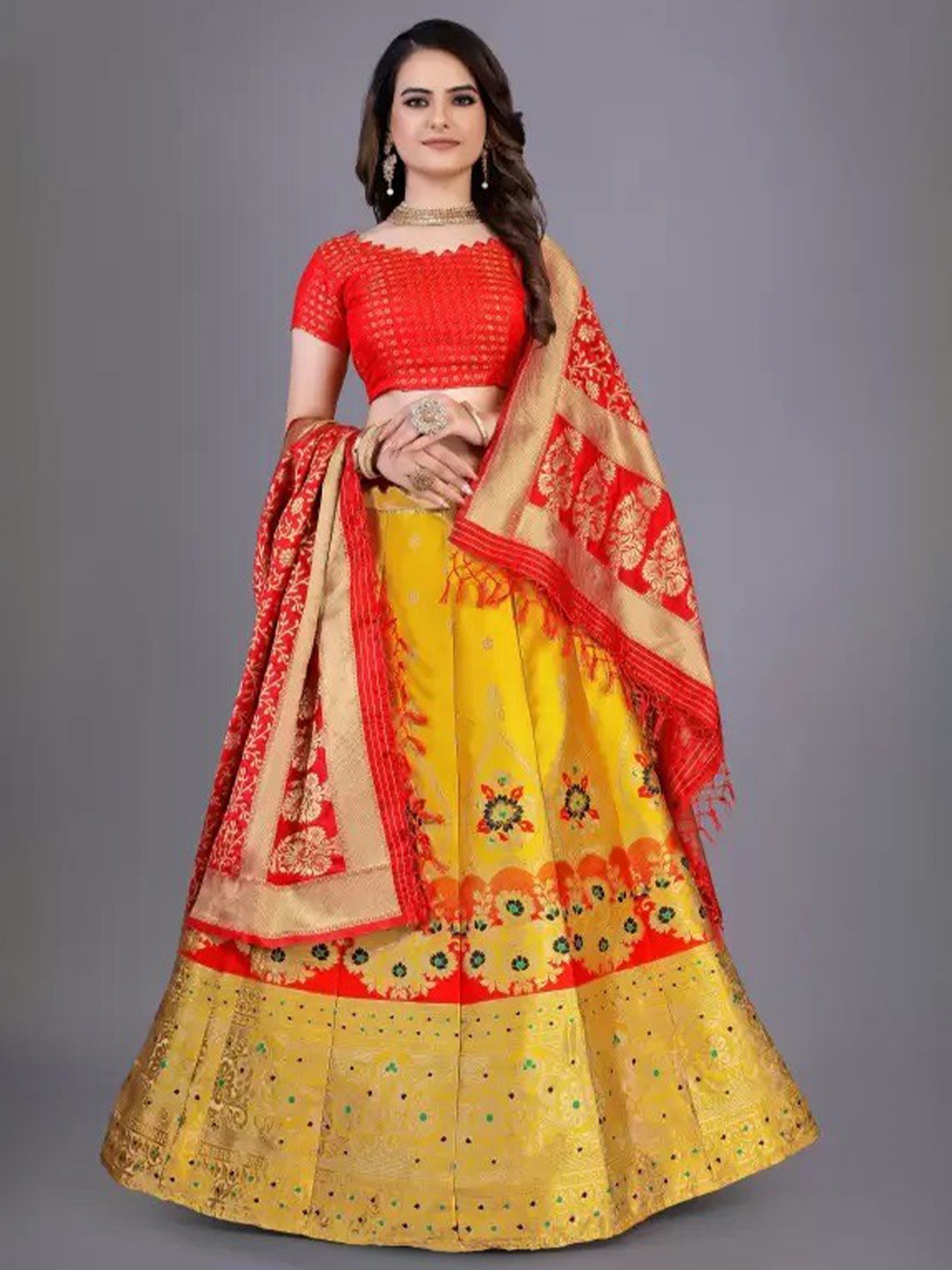 

Rujave Ethnic Motifs Printed Semi-Stitched Lehenga & Unstitched Blouse With Dupatta, Gold