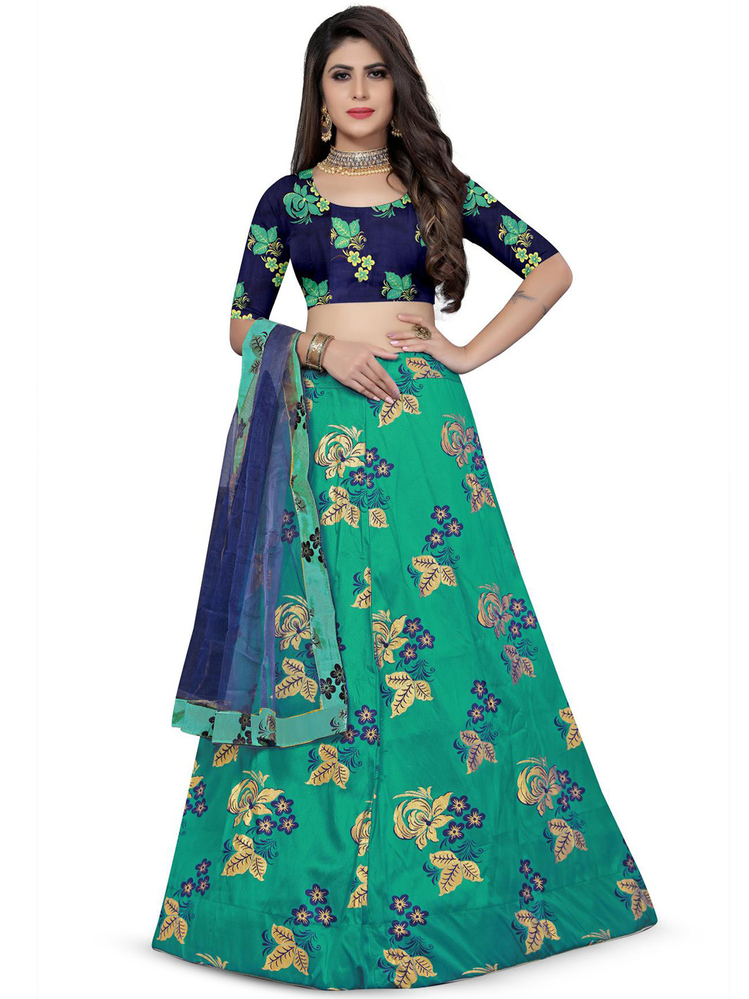 

Rujave Woven Design Semi-Stitched Lehenga & Unstitched Blouse With Dupatta, Sea green