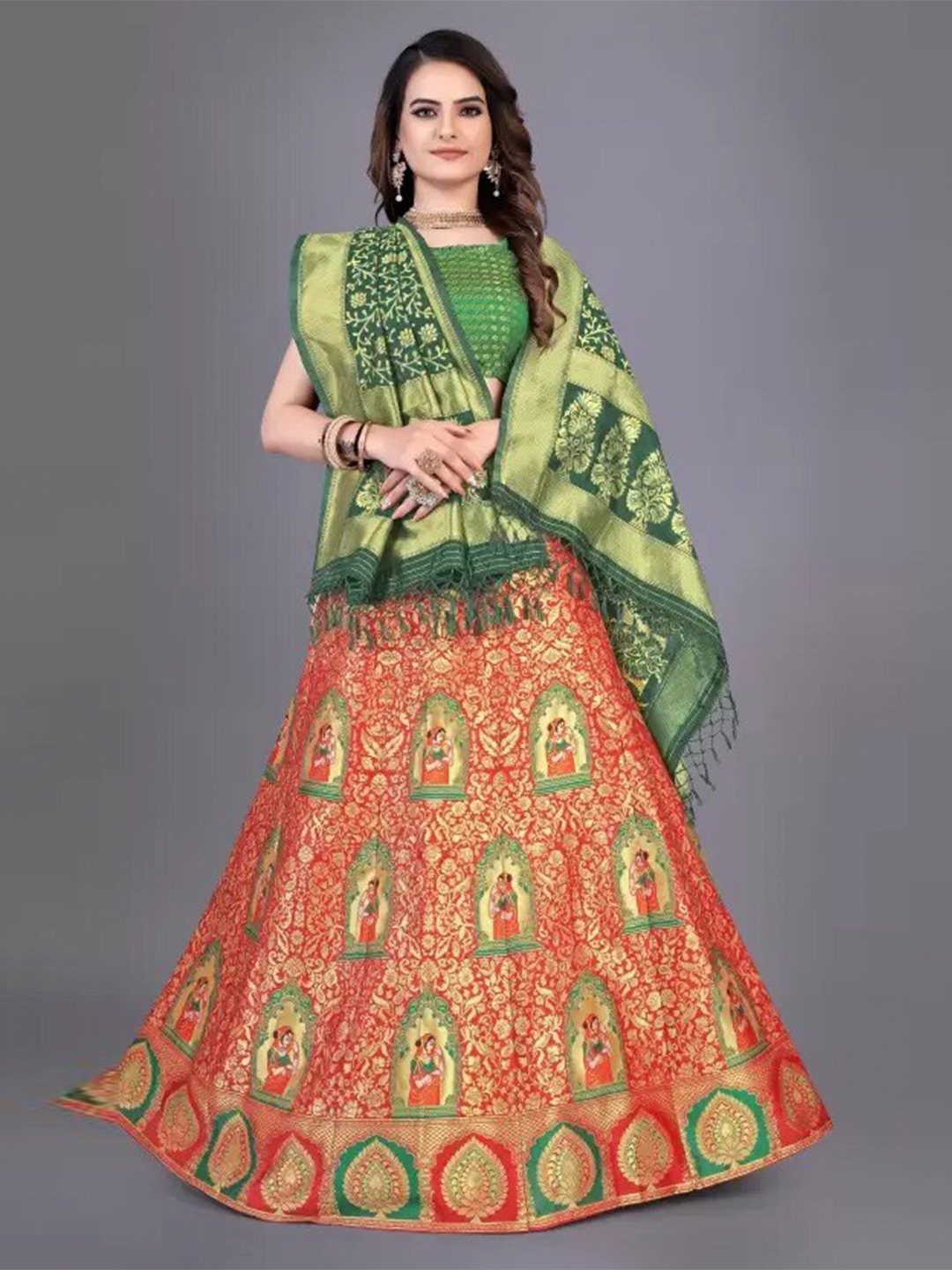 

Rujave Woven Design Semi-Stitched Lehenga & Unstitched Blouse With Dupatta, Red
