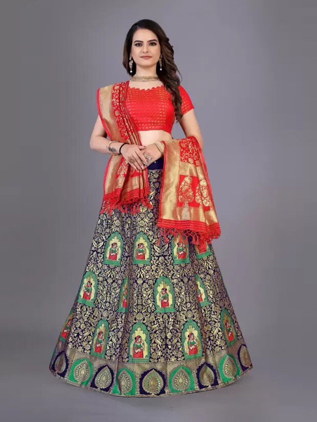 

Rujave Semi-Stitched Lehenga & Unstitched Blouse With Dupatta, Navy blue