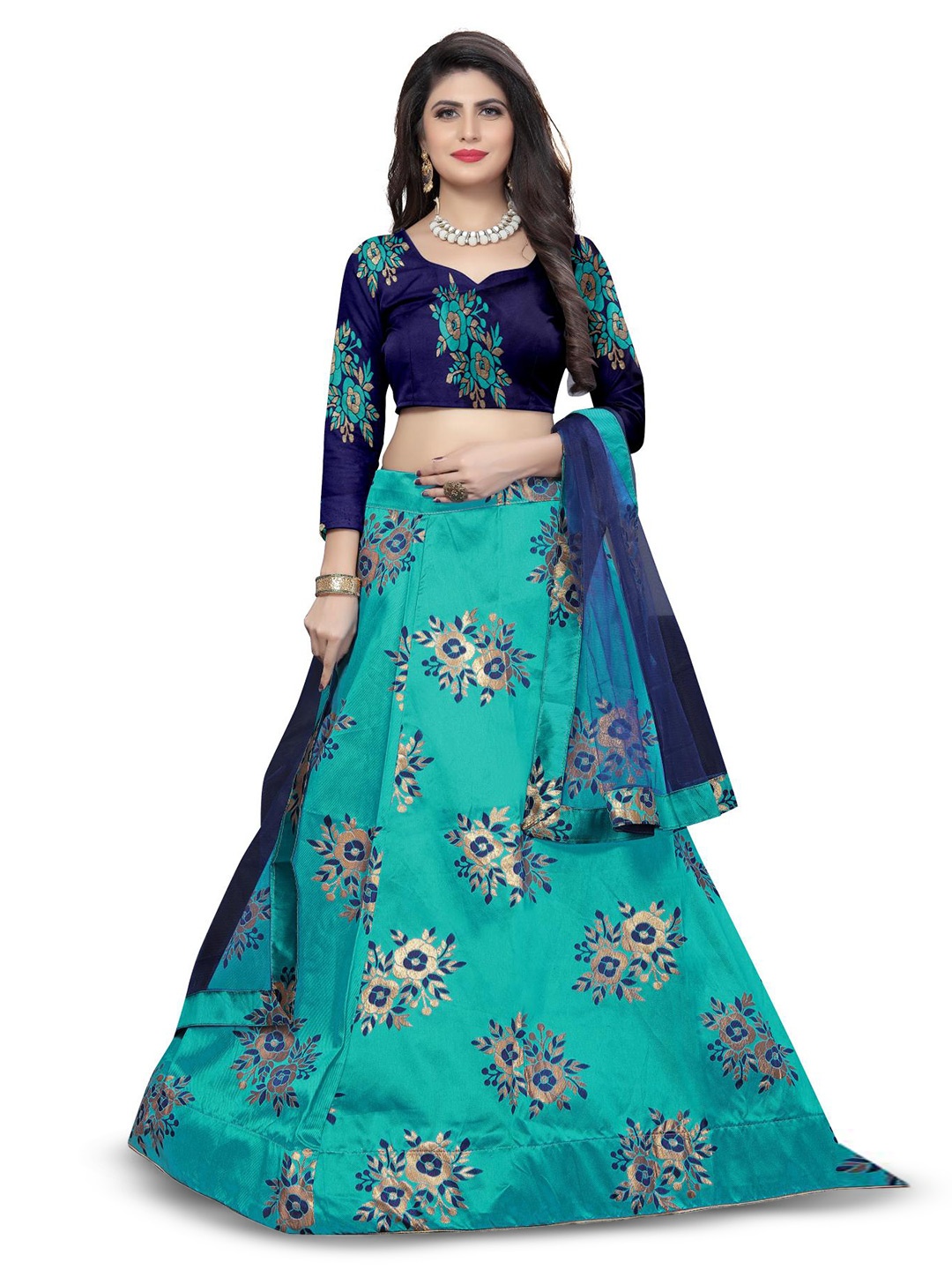 

Rujave Woven Design Semi-Stitched Lehenga & Unstitched Blouse With Dupatta, Sea green