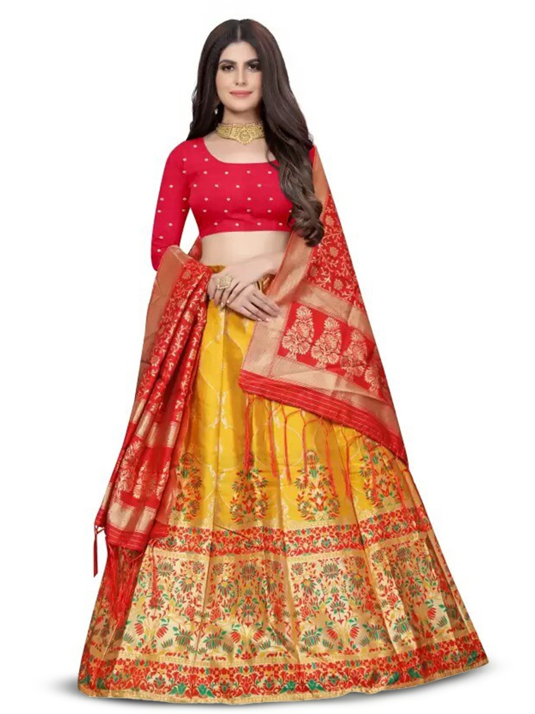 

Rujave Semi-Stitched Lehenga & Unstitched Blouse With Dupatta, Gold