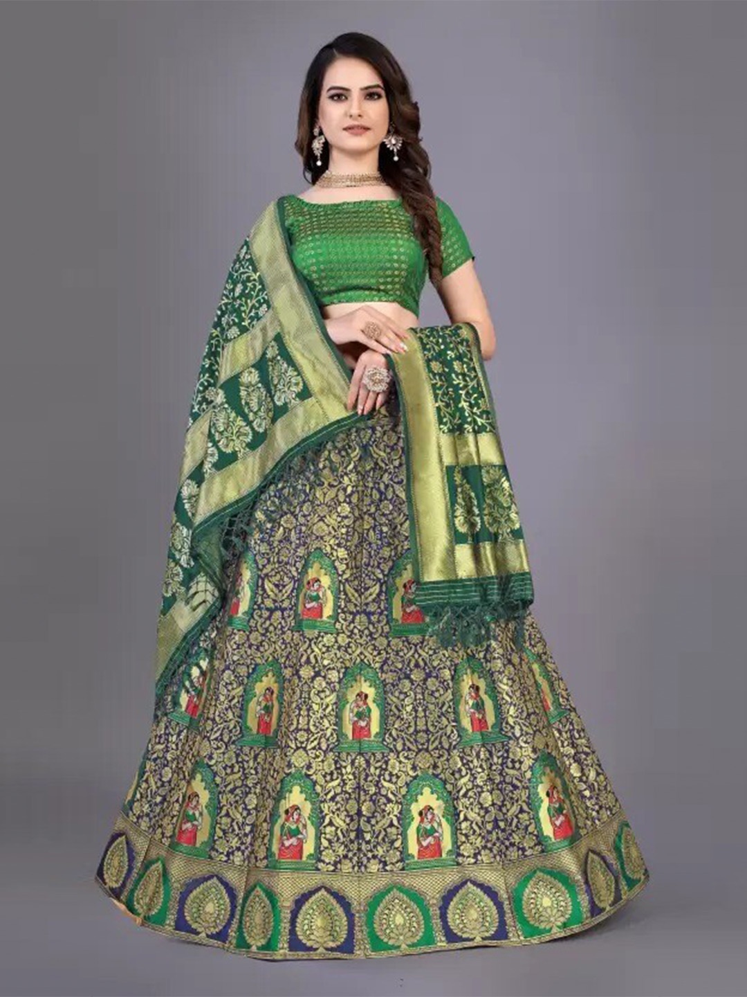 

Rujave Woven Design Semi-Stitched Lehenga & Unstitched Blouse With Dupatta, Green