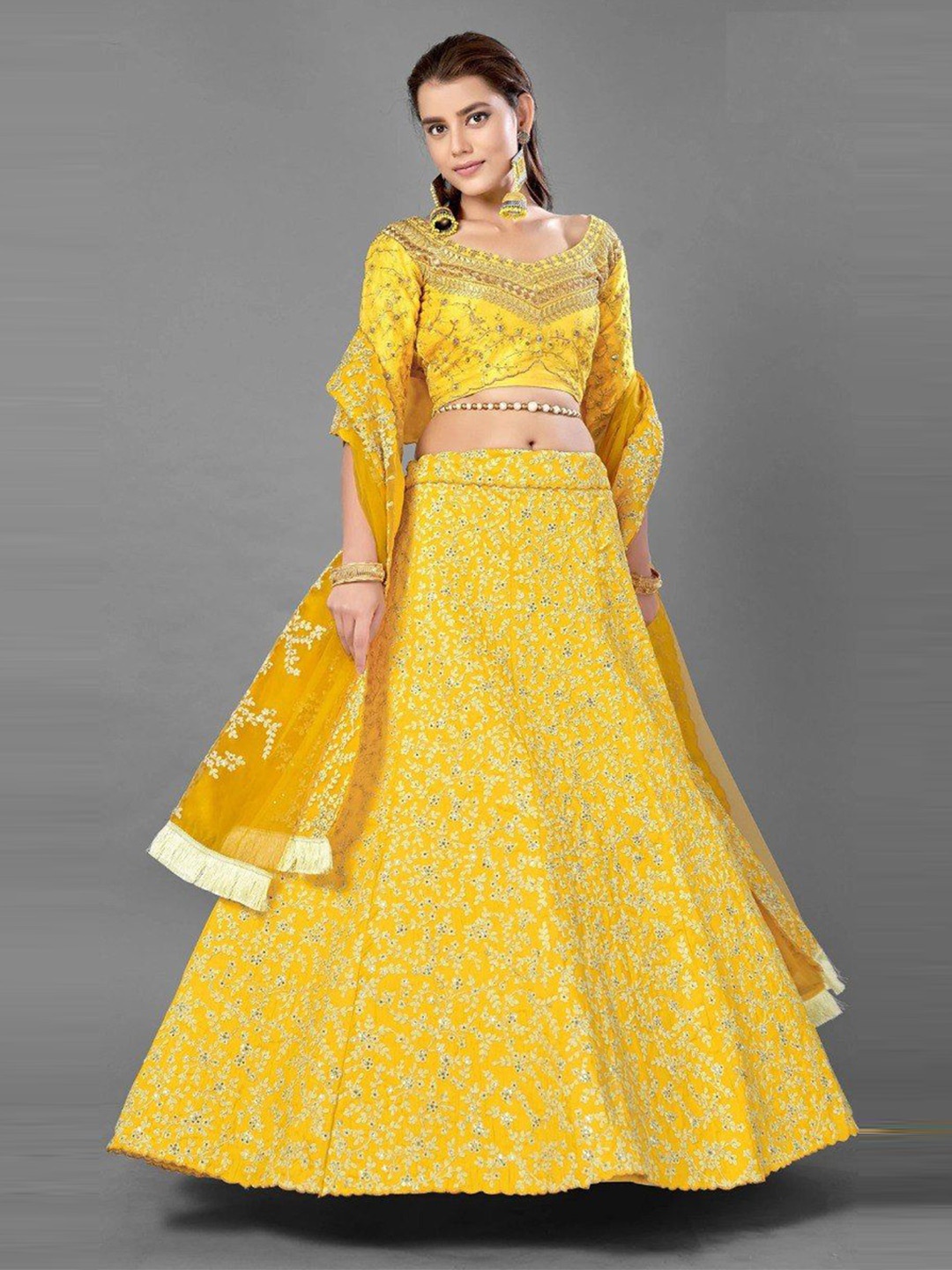 

Rujave Embellished Thread Work Semi-Stitched Lehenga & Unstitched Blouse With Dupatta, Yellow